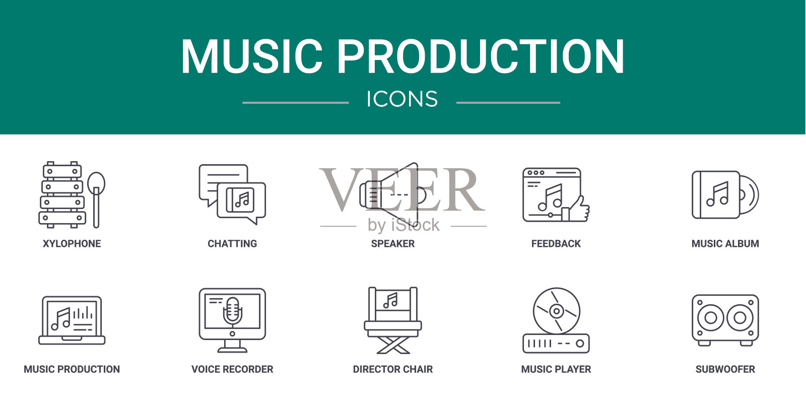 10个大纲网络音乐制作图标，如木琴，聊天，扬声器，反馈，音乐专辑，音乐制作，录音机矢量图标的报告，演示，图表，网页设计，图标素材