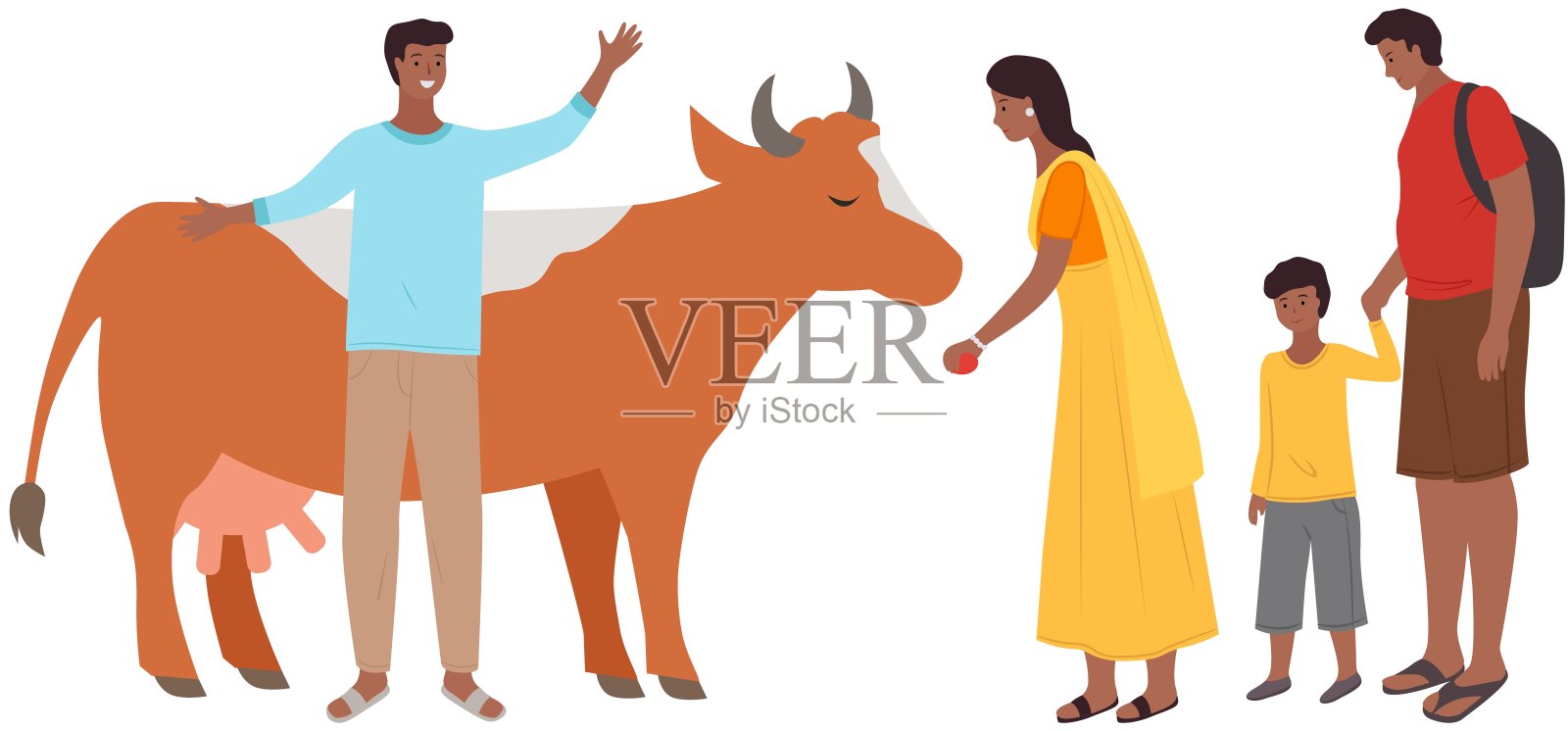 人们带着孩子在农场喂可爱的奶牛。小男孩和爸爸妈妈给小牛苹果。插画图片素材