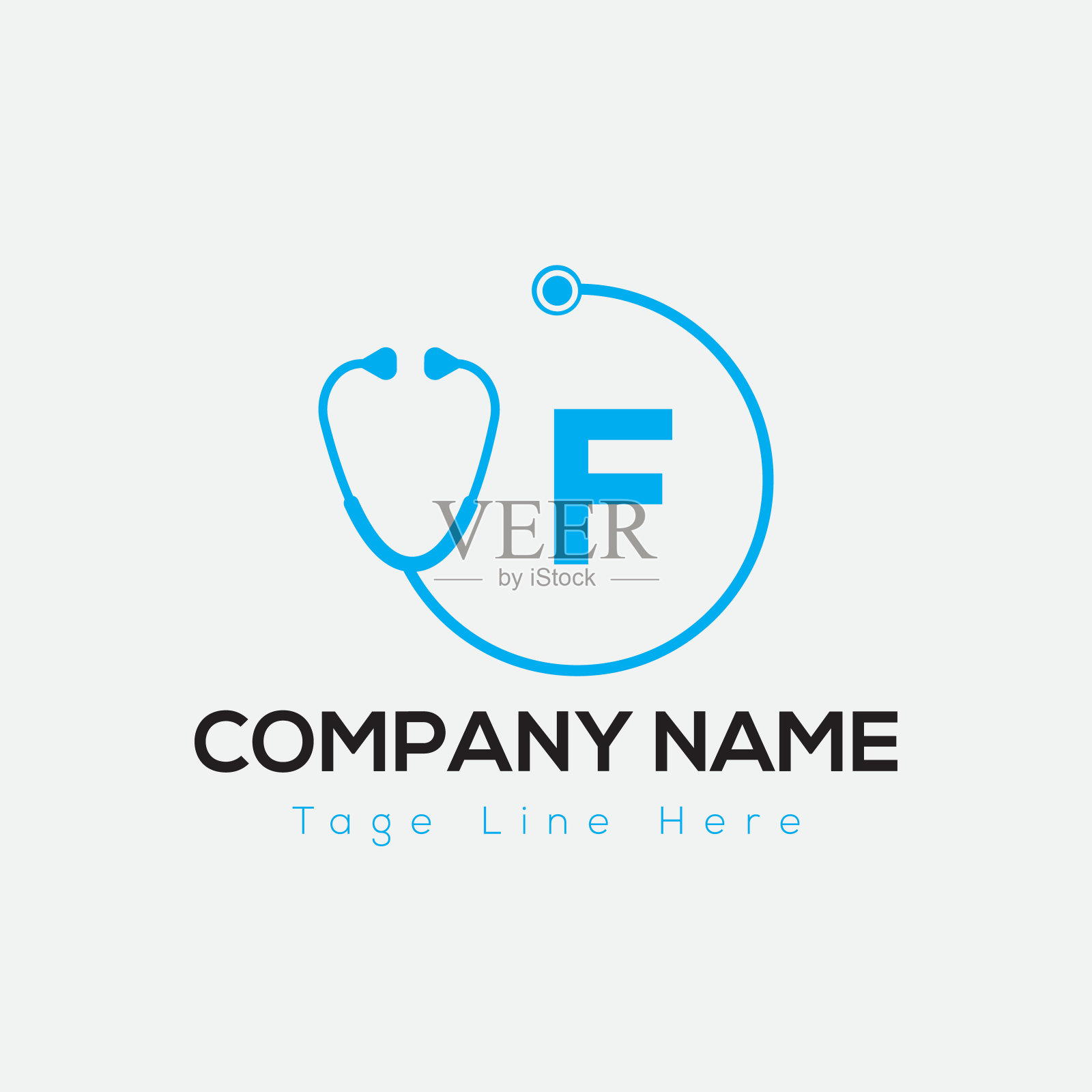 Halthcare标志上的字母F模板。医学上F字母，初始医生标志概念，听诊器标志图标插画图片素材