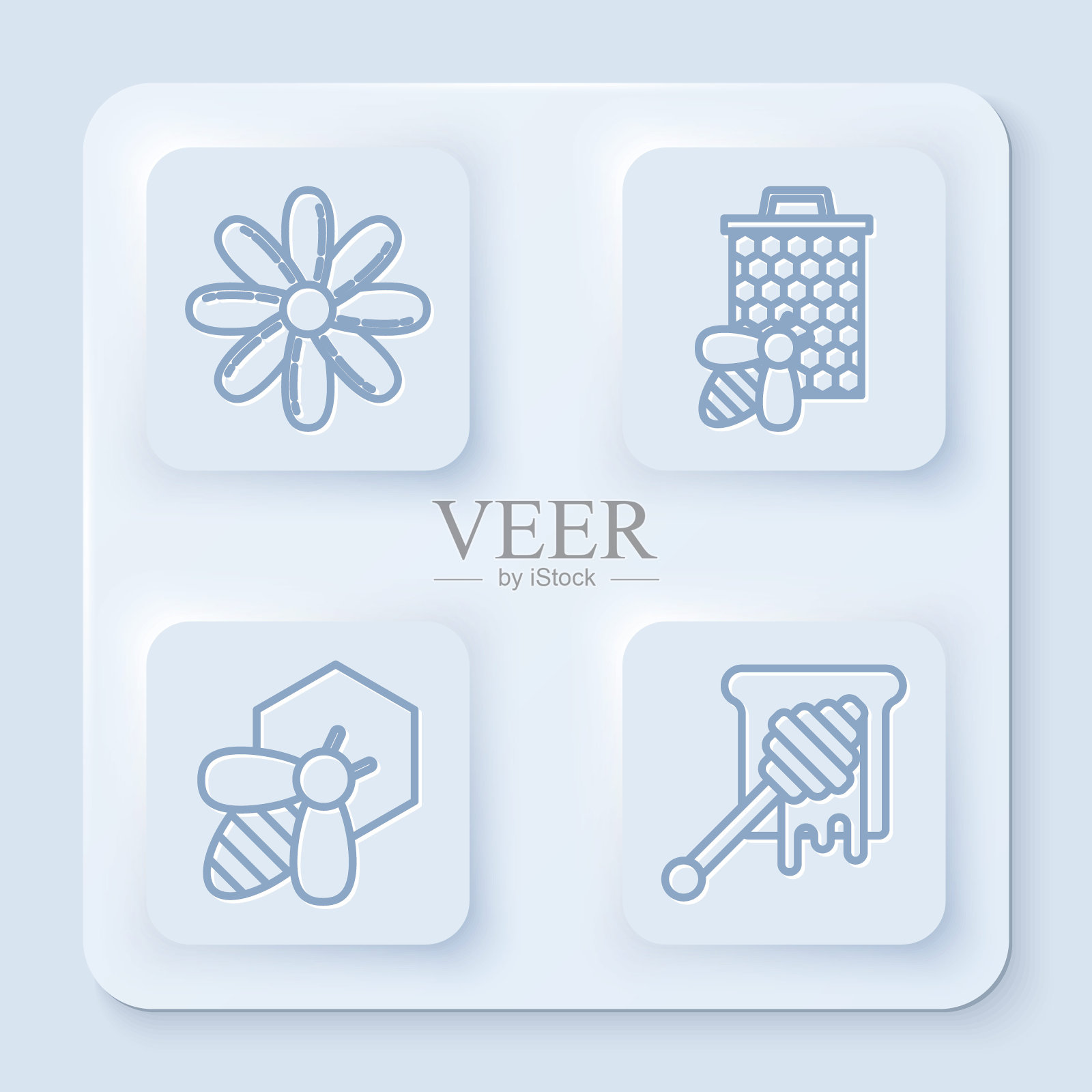 设置线花，蜜蜂和蜂房，蜜蜂和蜂房和蜂蜜勺粘滴蜂蜜。白色方形按钮。向量插画图片素材