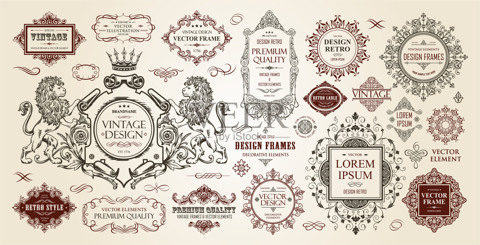 经典的边框和标签隔离在浅色背景上。复古框架收藏。古风证书、海报、卡片的装饰书法元素。插画图片素材