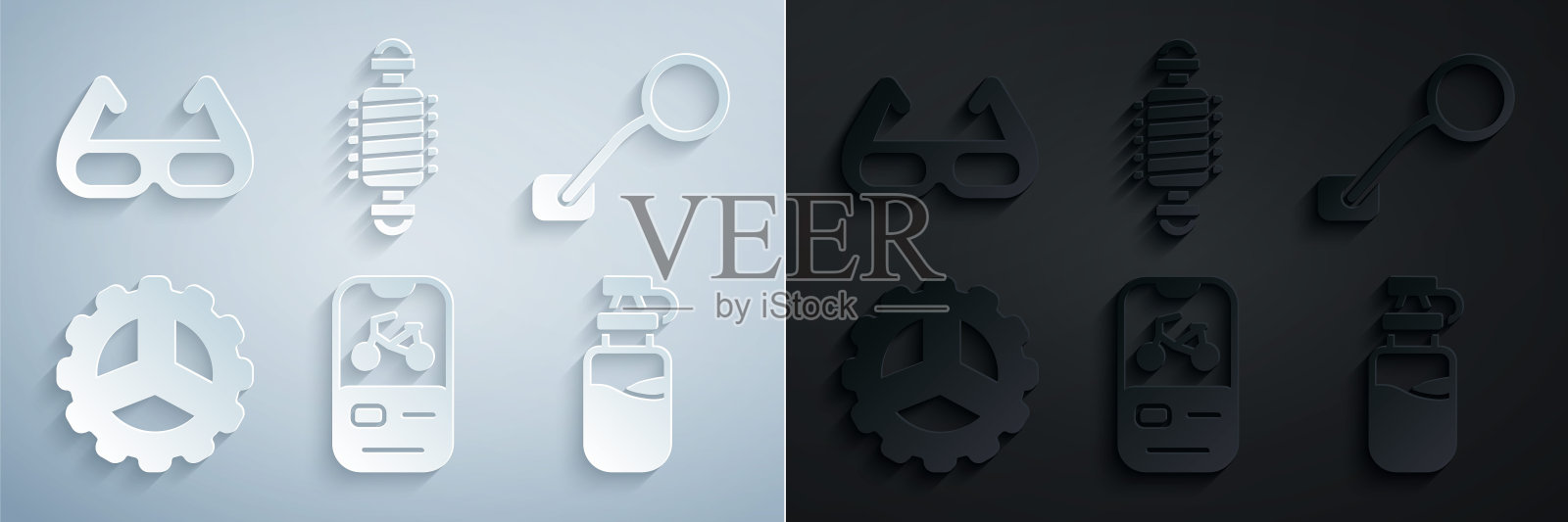 设置自行车租赁手机应用程序，后视镜，链轮曲柄，带水的运动瓶，悬挂和骑行太阳镜图标。向量图标素材