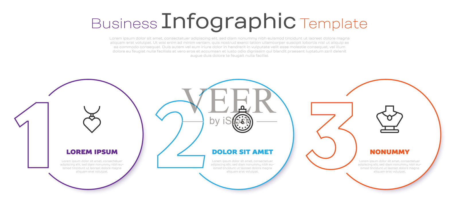 设线项链与心形吊坠，怀表和人体模型。业务信息图模板。向量设计模板素材