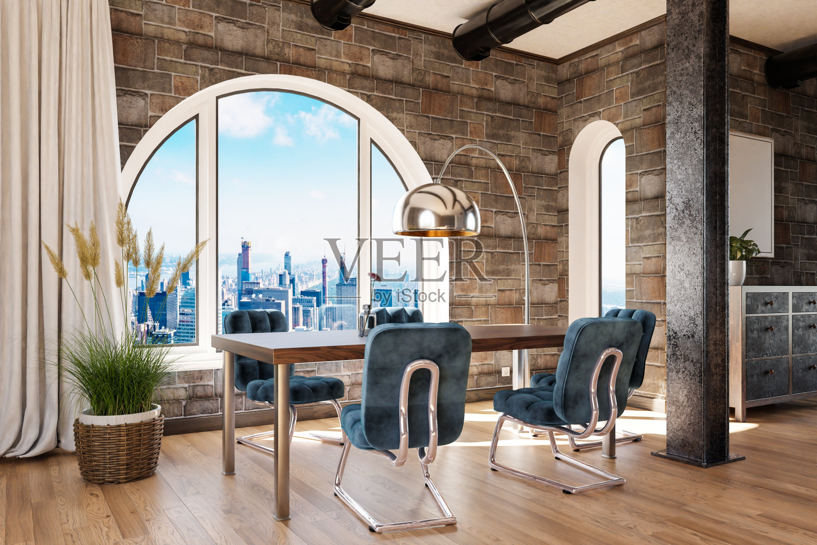 带拱形窗户的豪华阁楼公寓，市区全景尽收眼底;尊贵餐厅室内设计模拟;三维演示照片摄影图片