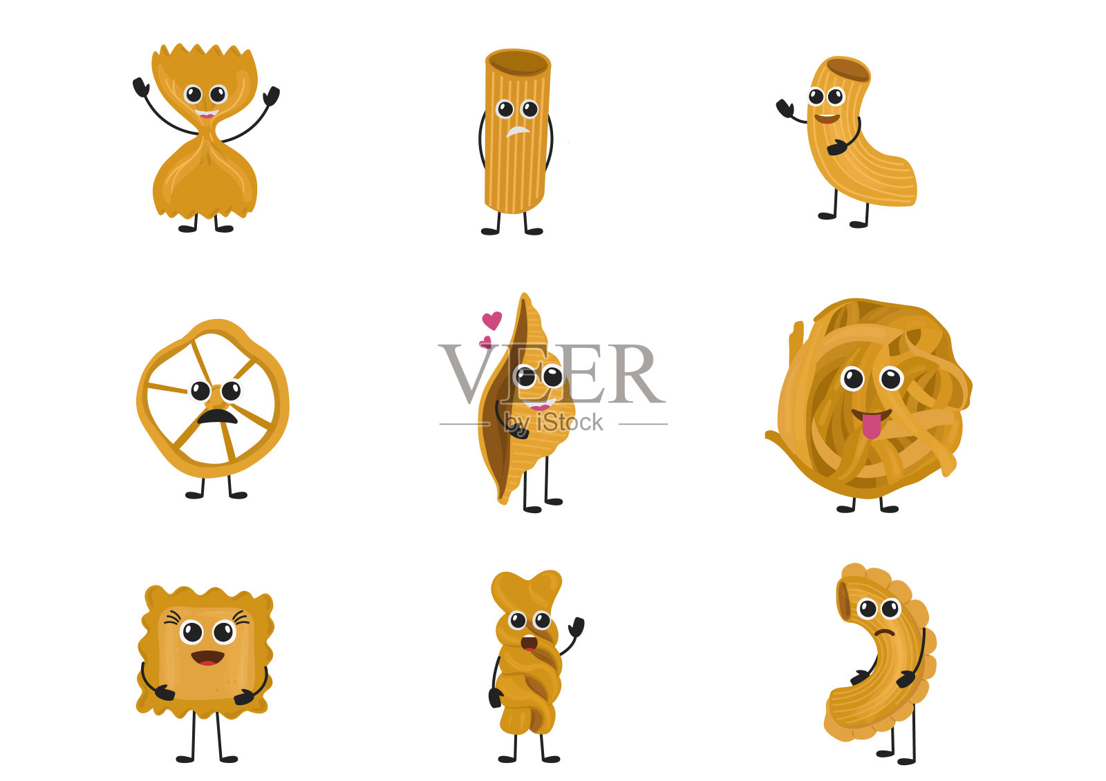 可爱的意大利面，有趣的菜单，横幅。涂鸦意大利面。可爱的意大利小麦食物。有手、腿和可爱脸的卡通通心粉吉祥物。传统的意大利细面条。菜单装饰元素。矢量套餐插画图片素材