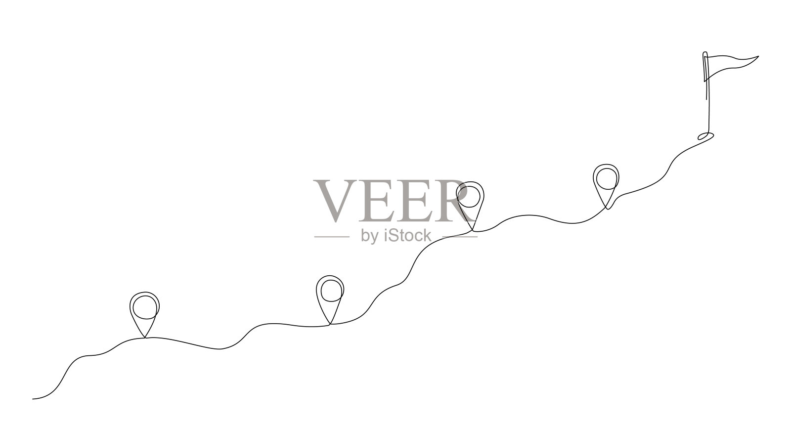 GPS导航线轨道标记。一条线路地图点位置符号与标志在路线的结束。位置指针连续线。点之间的路上有别针。在白色背景上绘制引脚线。向量插画图片素材
