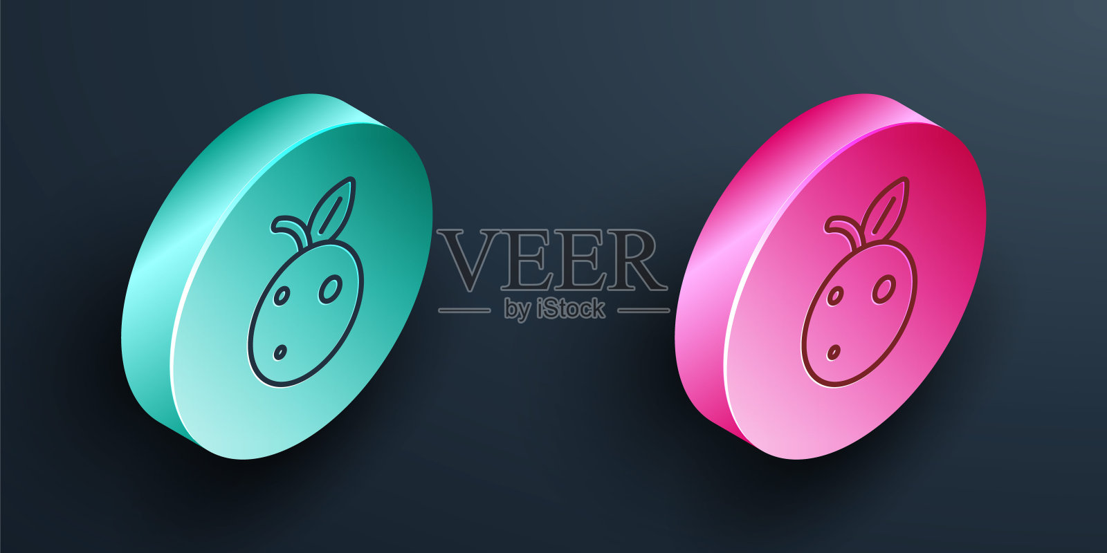 等距线桃果或油桃与叶图标孤立在黑色背景。绿松石和粉红色的圆圈按钮。向量图标素材