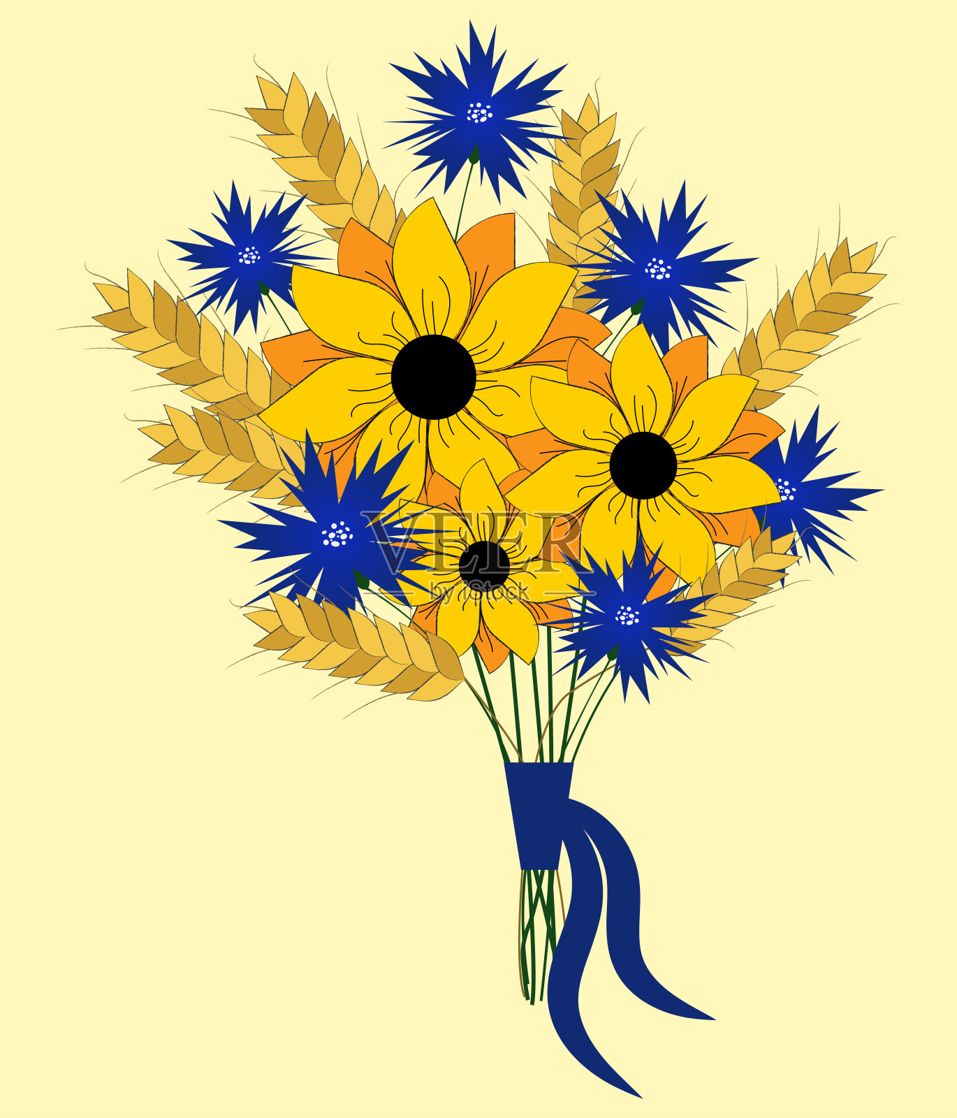 带有向日葵、矢车菊和小穗的美丽芳香。插画图片素材