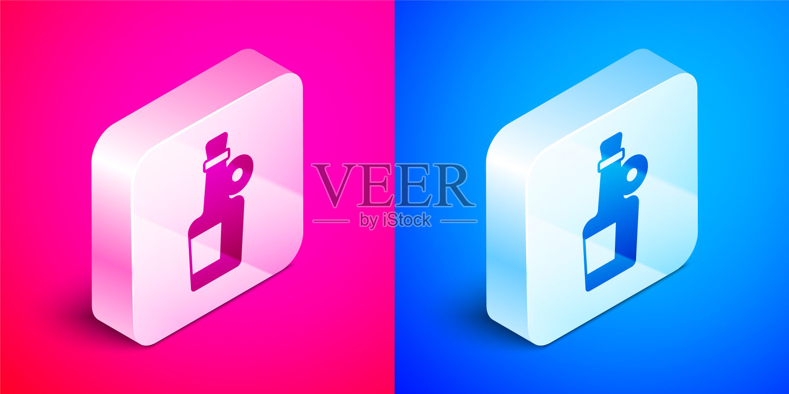 等距酒精饮料朗姆酒瓶图标孤立在粉红色和蓝色背景。银色方形按钮。向量图标素材