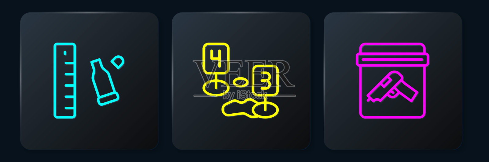 用尺子、证物袋枪和犯罪现场的标记设置线弹壳。黑色方形按钮。向量插画图片素材