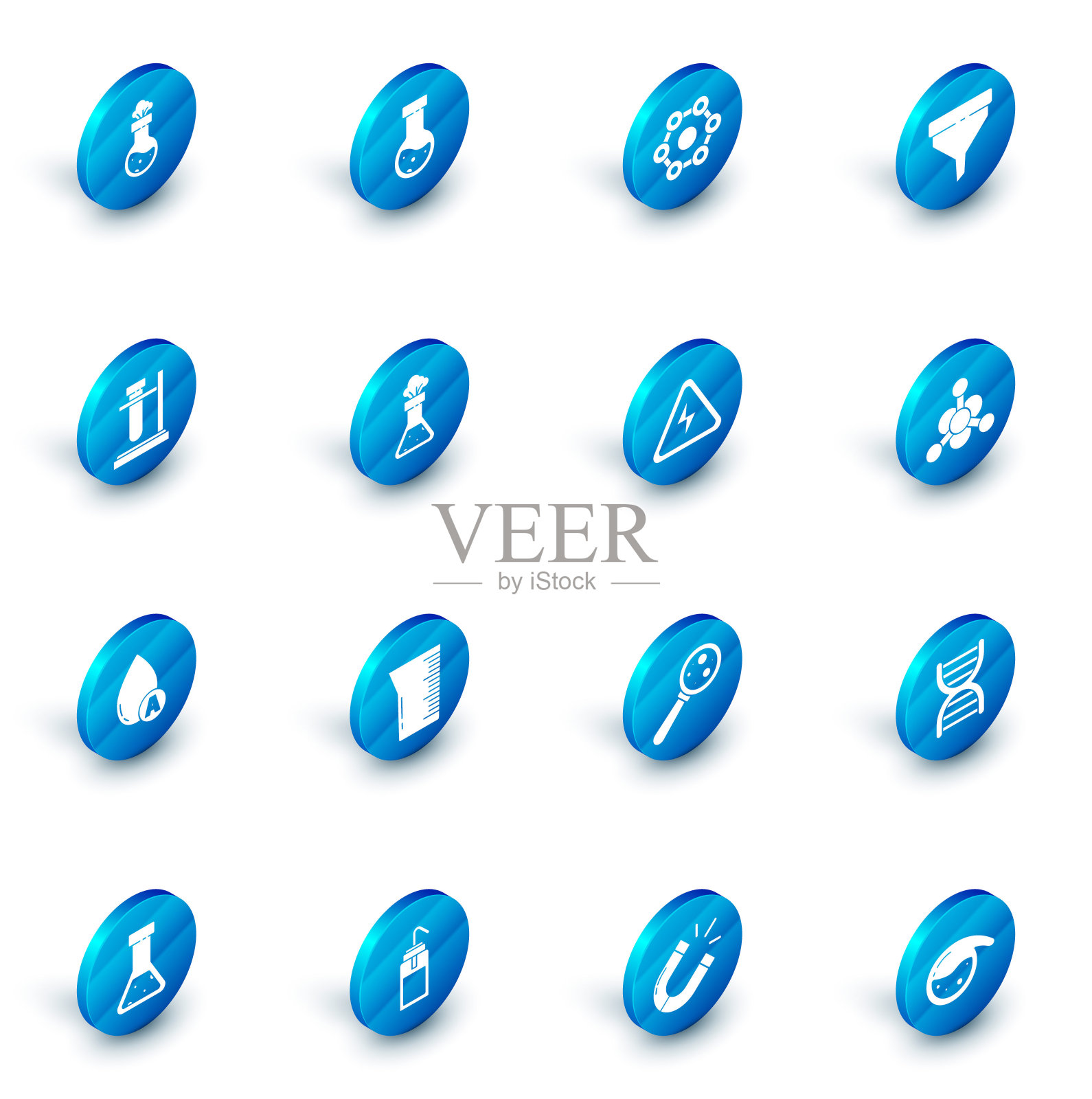 设置试管和烧瓶化学，化学配方，漏斗过滤器，上架，水滴，细菌和高压标志图标。向量图标素材