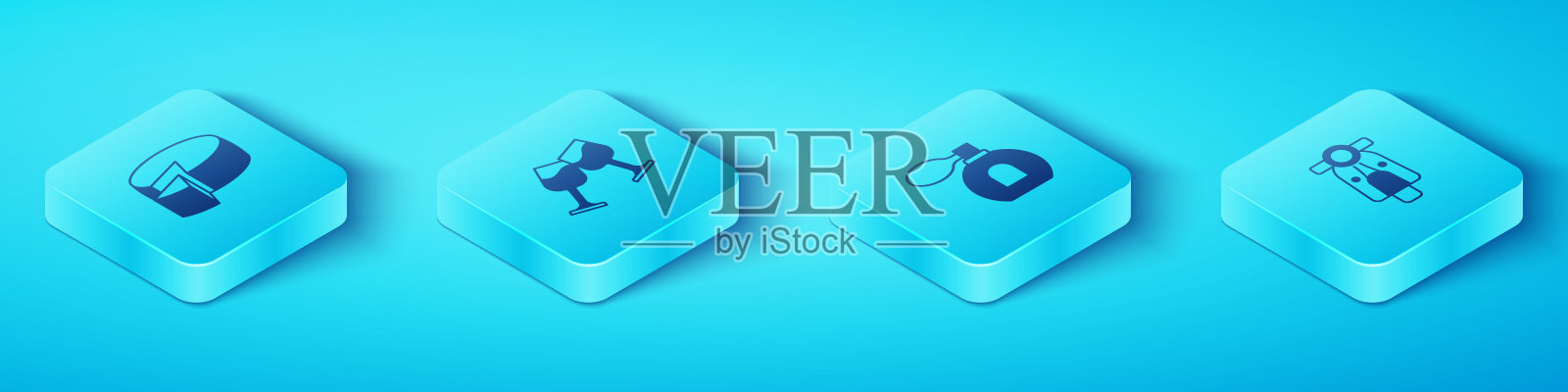 设置等距奶酪，酒杯，摩托车和香水图标。向量插画图片素材