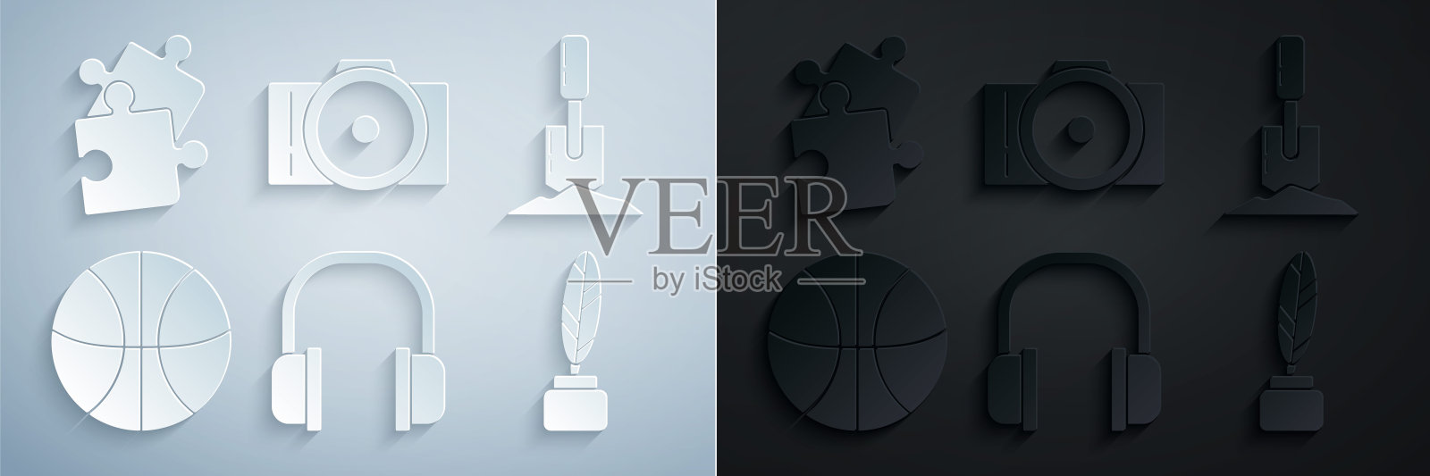 设置耳机，铲在地面，篮球，羽毛和墨水瓶，照片相机和一块拼图图标。向量图标素材