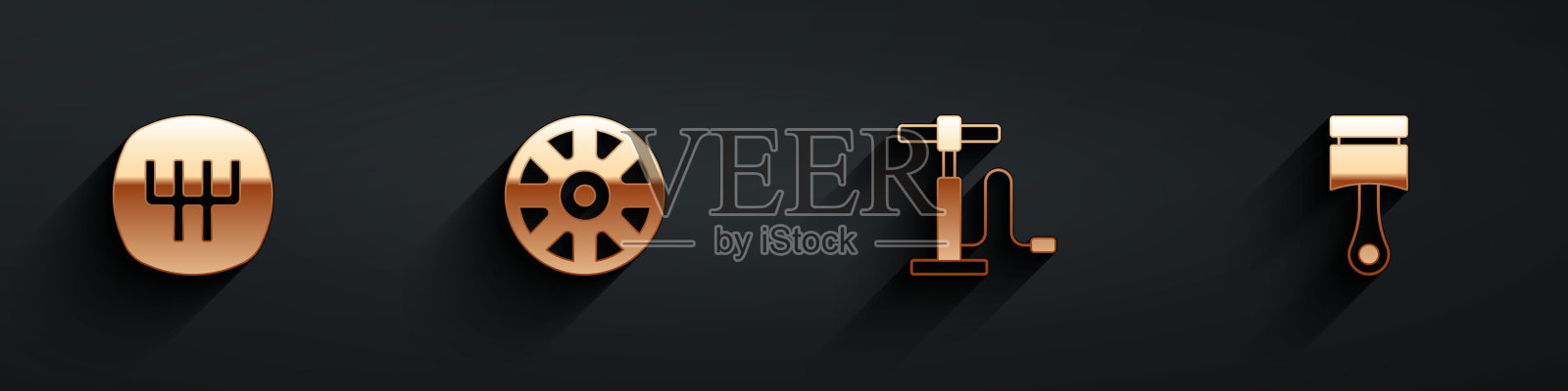 设置换挡，汽车合金车轮，汽车气泵和发动机活塞图标长阴影。向量插画图片素材