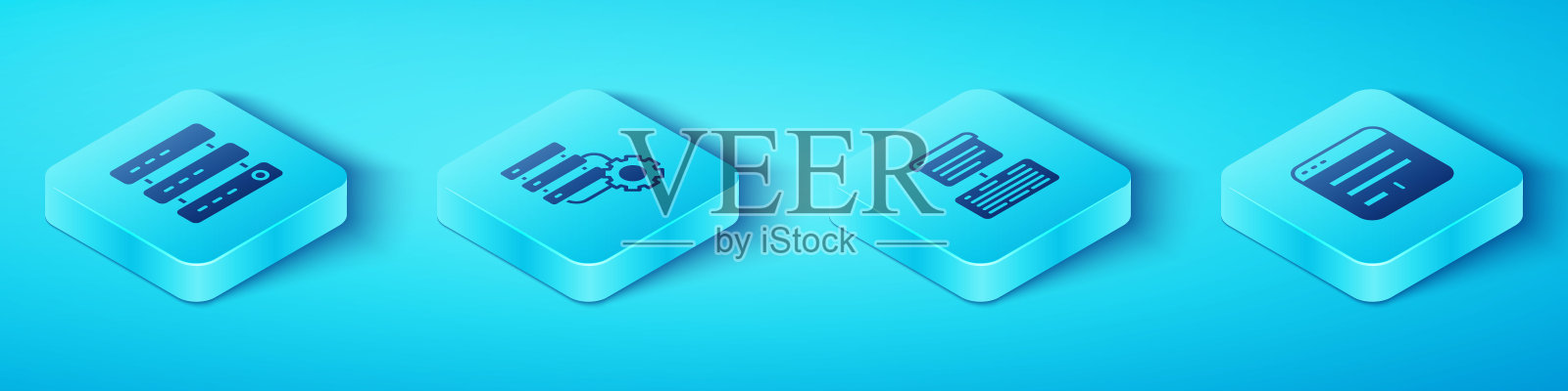 设置等距服务器、数据、Web主机和设备、浏览器窗口和图标。向量图标素材