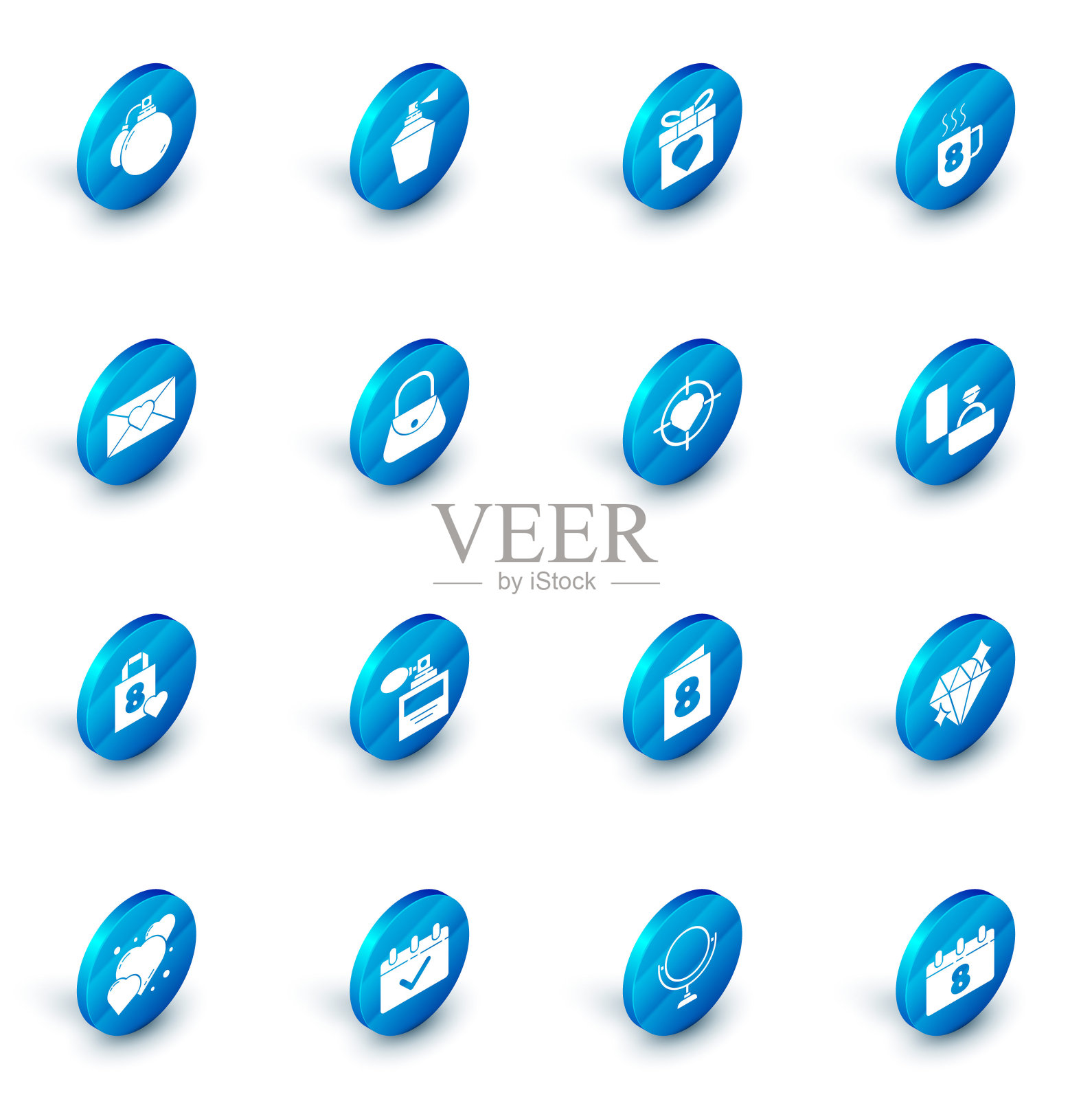 设置香水，礼盒和心脏，咖啡杯与3月8日，信封，购物袋，手提包，钻石订婚戒指和心脏的中心目标瞄准图标。向量图标素材