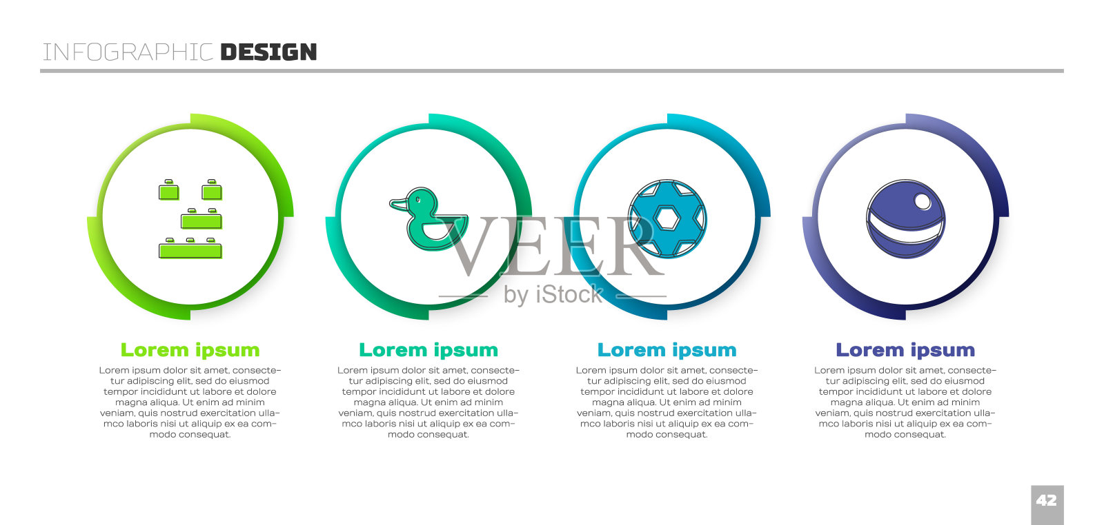 设置玩具积木砖，橡皮鸭，足球足球和海滩。业务信息图模板。向量设计模板素材