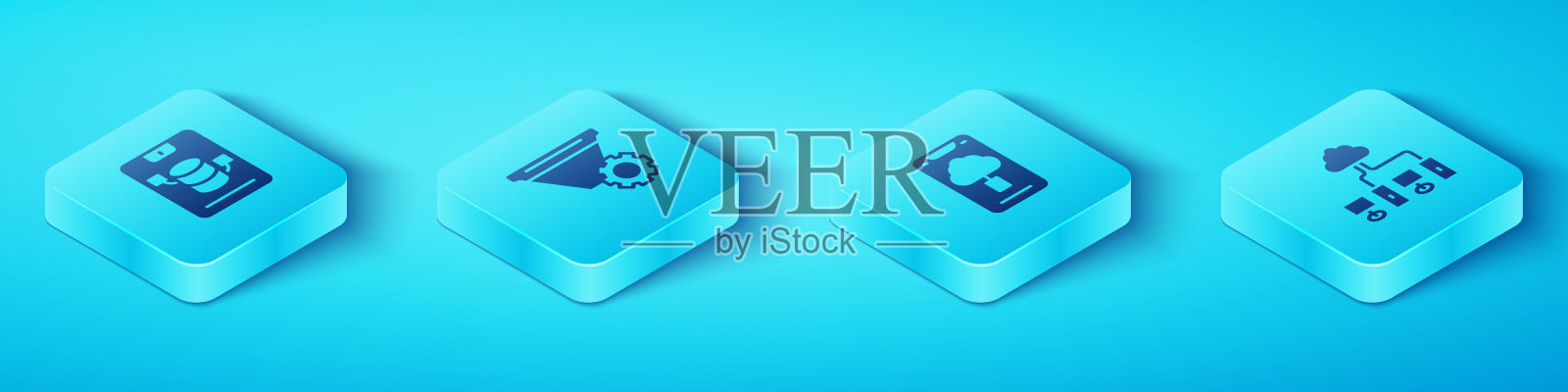 设置等距服务器、数据、虚拟主机、过滤器设置、计算机网络和云技术数据传输图标。向量插画图片素材