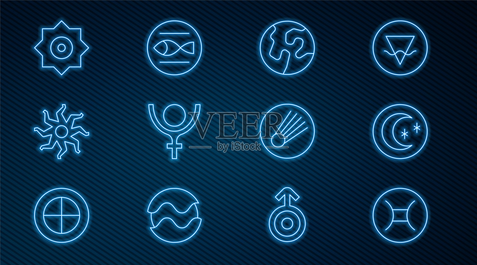 集线双子座星座，月亮和星星，地球地球仪，符号冥王星，太阳，下降，彗星和双鱼座图标。向量插画图片素材