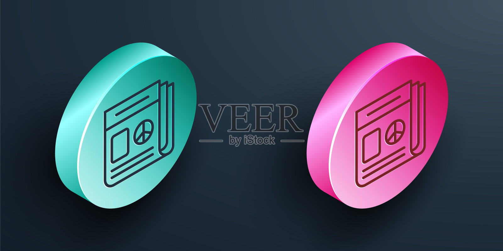 等距线新闻图标隔离在黑色背景上。报纸的迹象。大众媒体的象征。绿松石和粉红色的圆圈按钮。向量图标素材