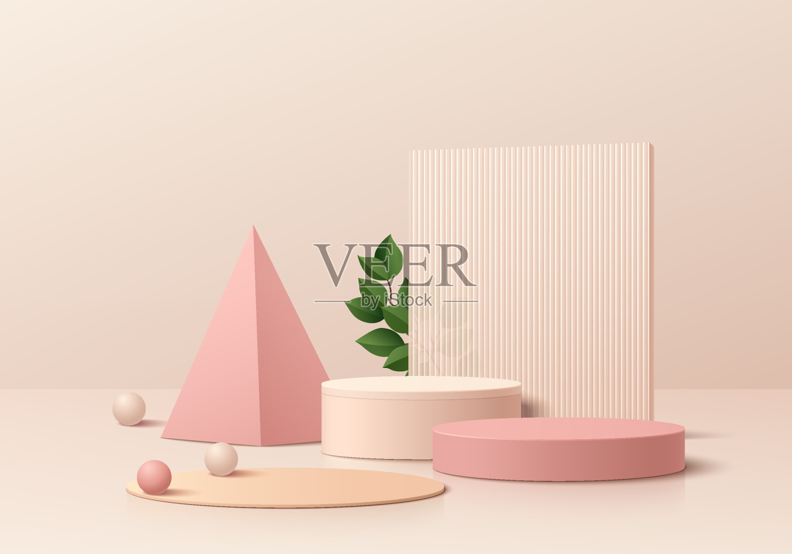 抽象的3D背景与一套现实的粉红色和米色现实圆柱体基座基座。粉彩最小场景模型产品展示。几何平台。舞台展示。三维矢量渲染。插画图片素材