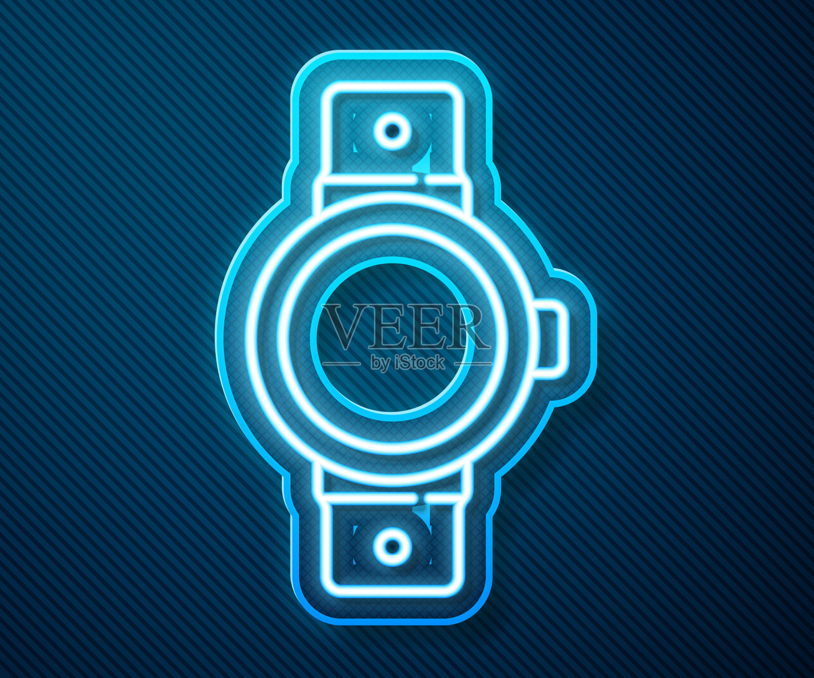 发光的霓虹灯线智能手表图标隔离在蓝色背景上。向量插画图片素材
