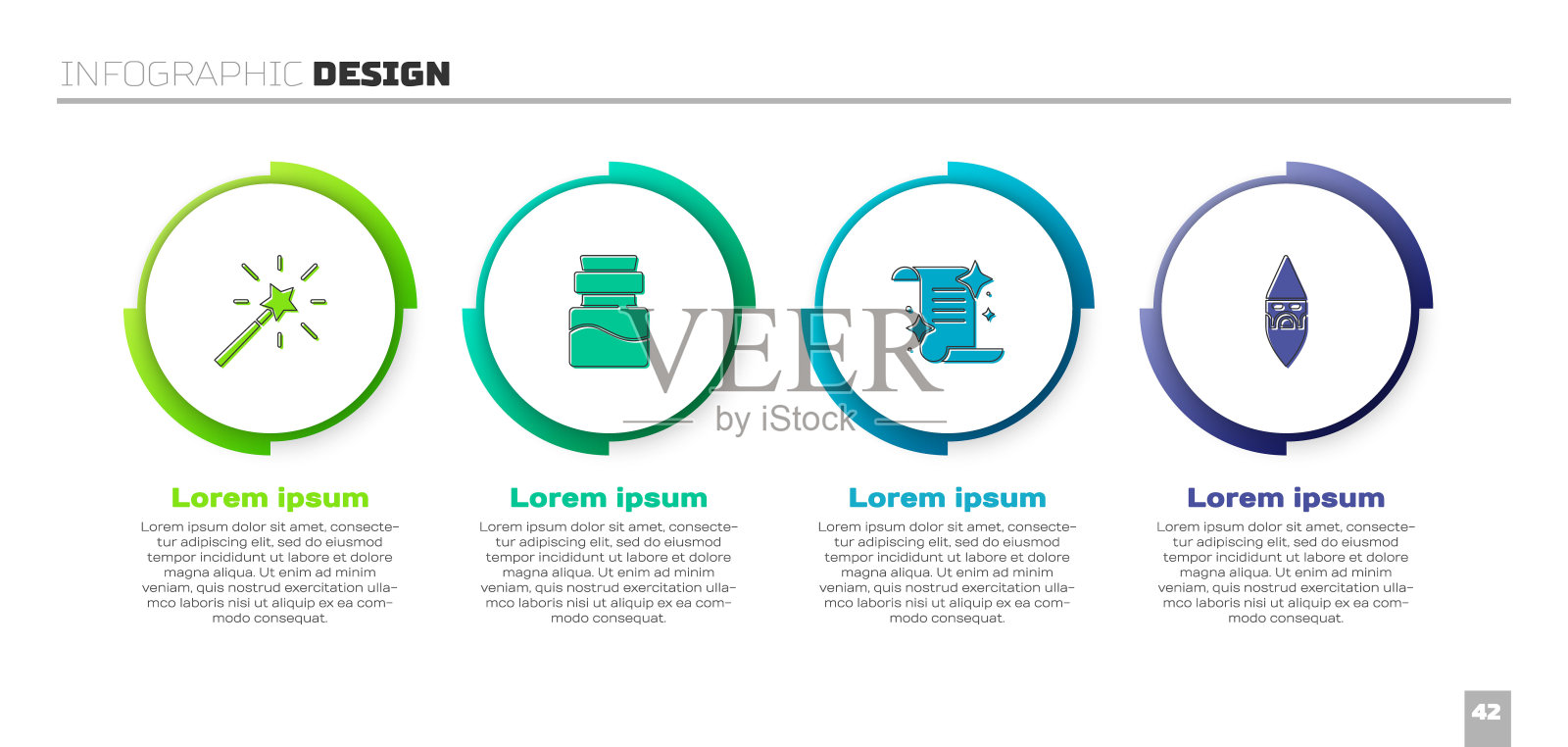设置魔法棒，药水瓶，古代魔法书和巫师术士。业务信息图模板。向量设计模板素材