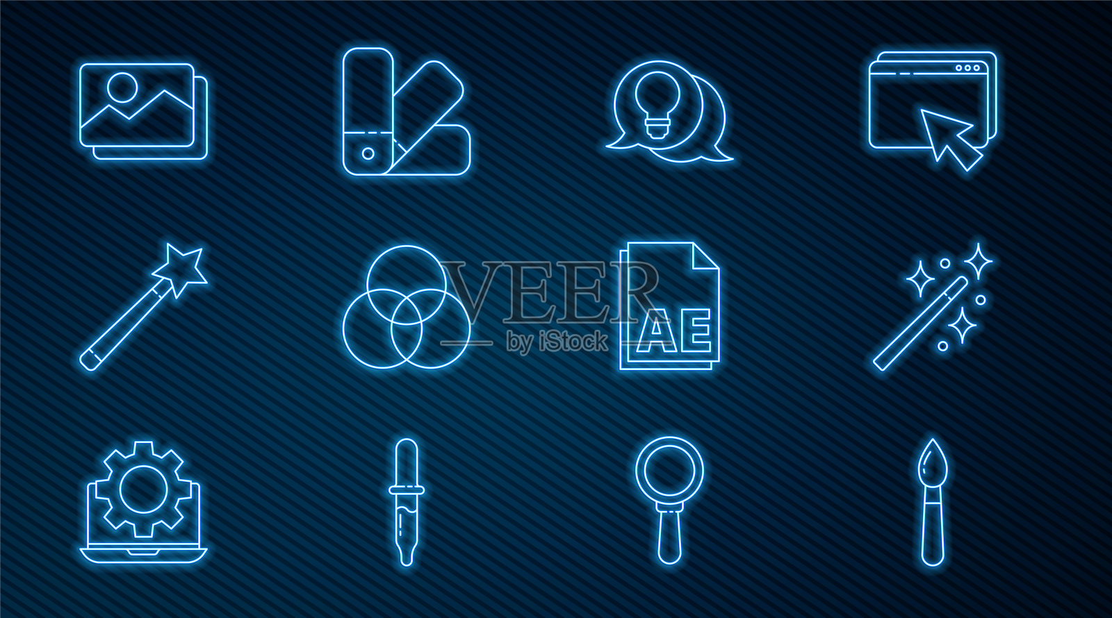 设置线画笔，魔术棒，灯泡与概念的想法，RGB CMYK调色，图片景观，AE文件文件和调色板指南图标。向量插画图片素材