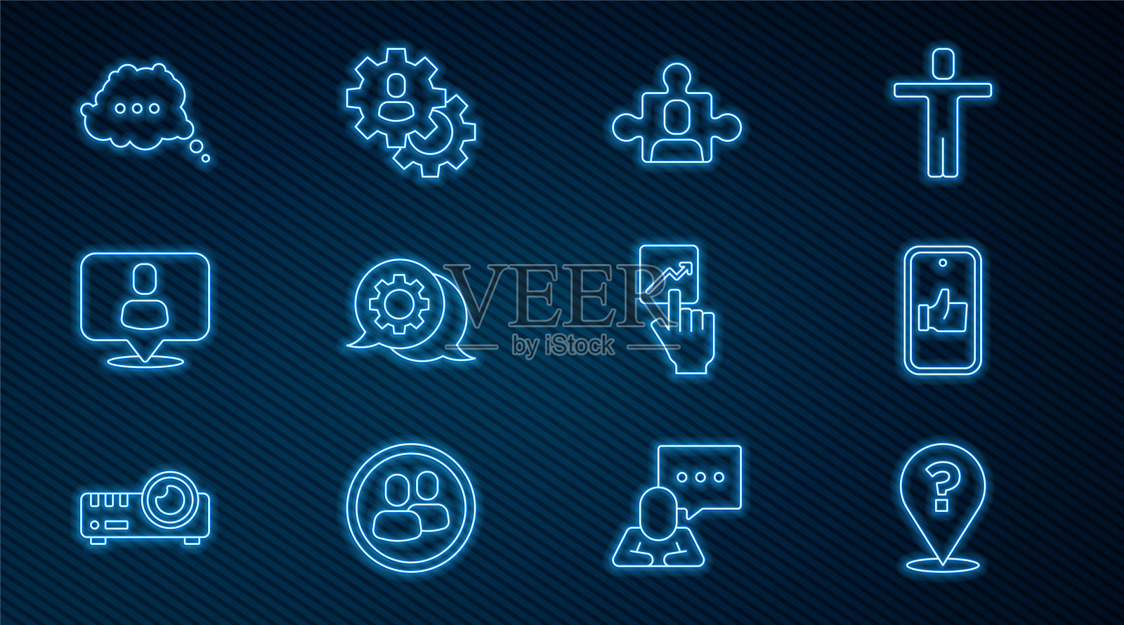 设置线问号，手像，项目团队基地，语音泡泡聊天，猎头，团队领导和图标。向量图标素材