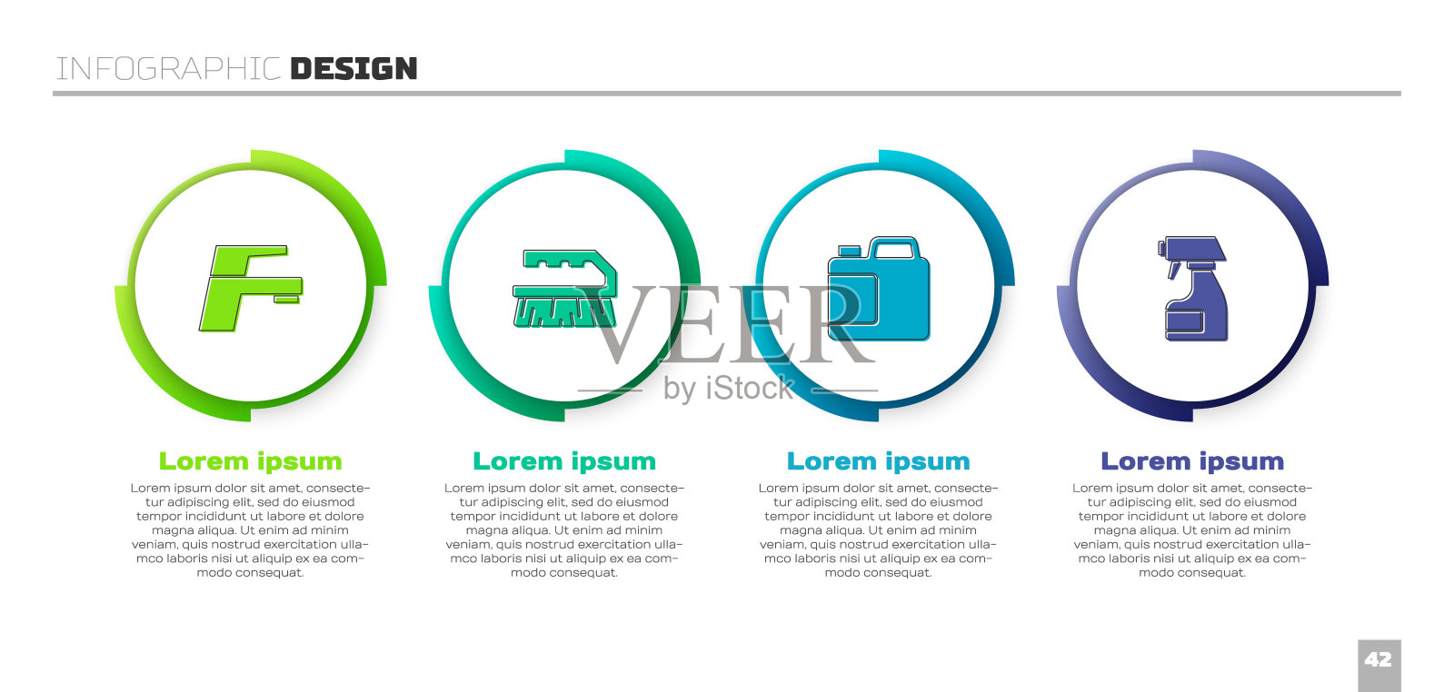 设置水龙头，清洁刷，瓶剂和清洁喷雾瓶。业务信息图模板。向量设计模板素材