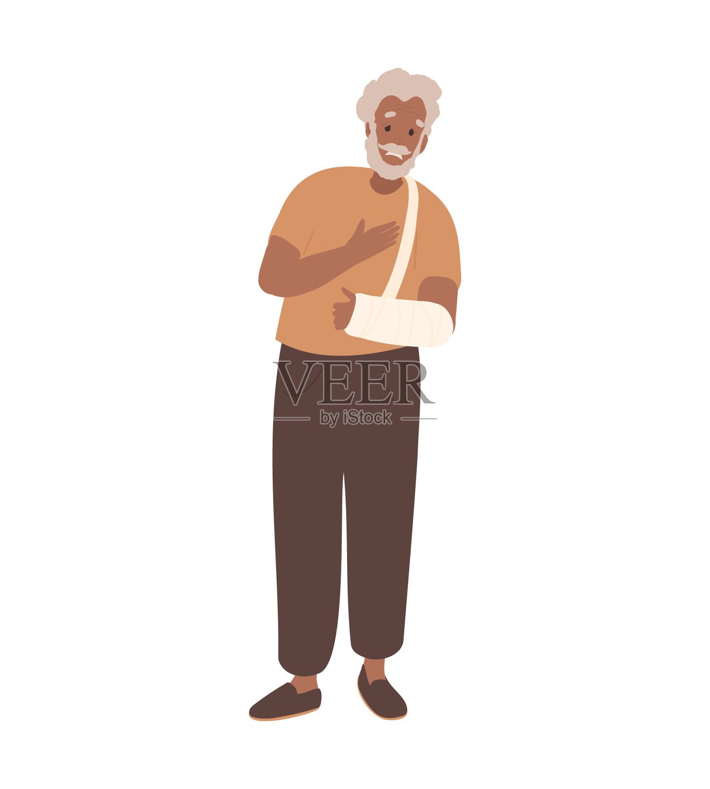 资深黑人男子，手骨折，打着石膏插画图片素材