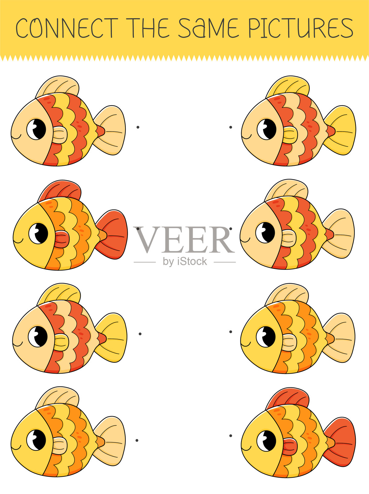 连接相同的图片游戏与卡通金鱼。孩子们的游戏，可爱的鱼。矢量插图。插画图片素材