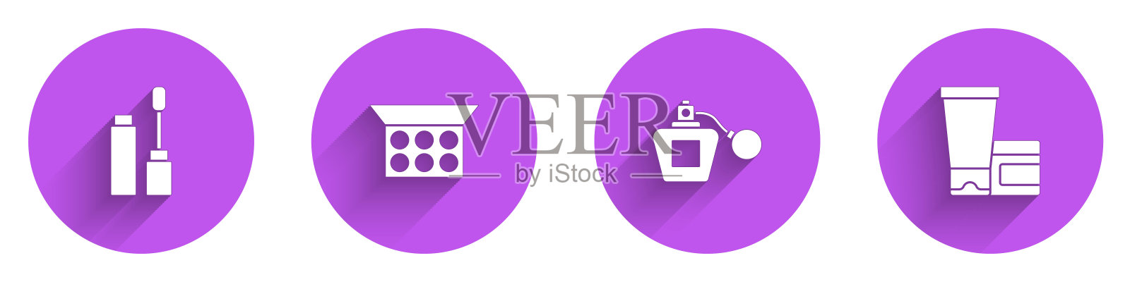 设置睫毛刷，化妆粉与镜子，香水和膏霜乳液化妆管图标与长阴影。向量图标素材