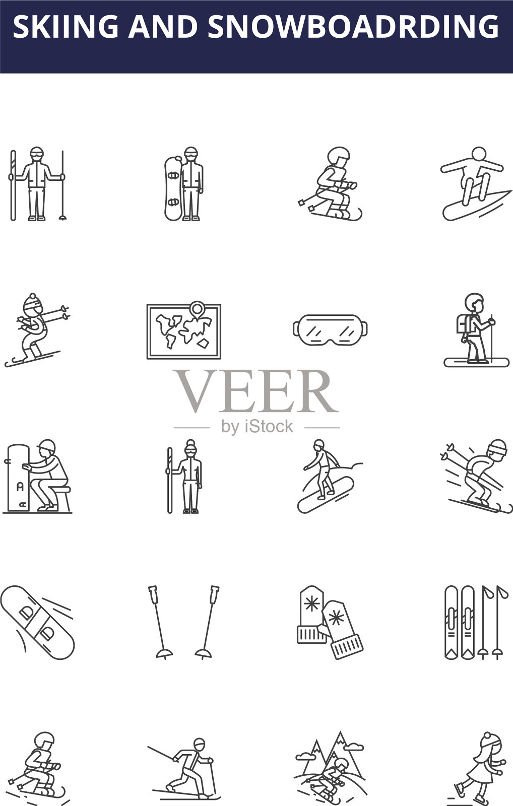 滑雪和滑雪板线图标和图标素材