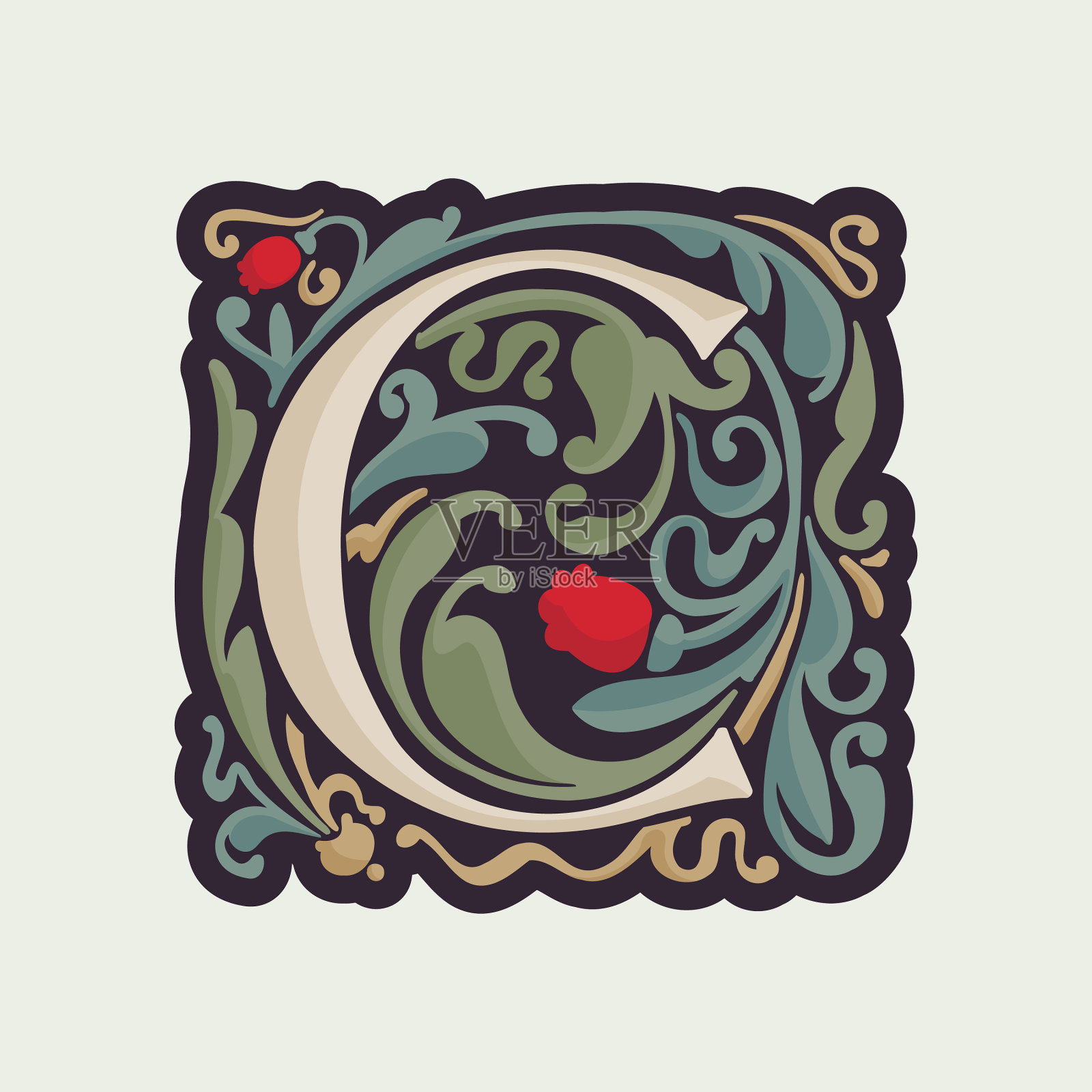 C字母的首字母带有弯曲的叶子插画图片素材