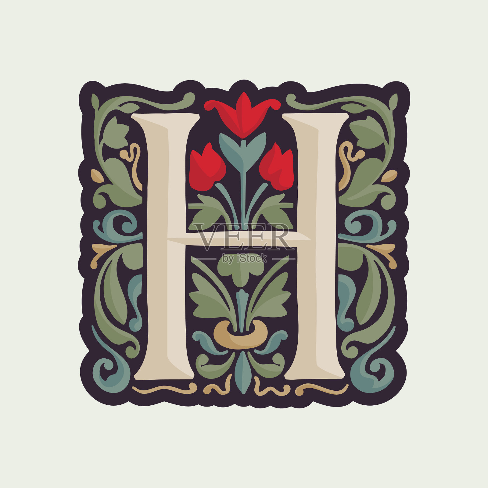 H字母的首字母带有弯曲的叶子插画图片素材