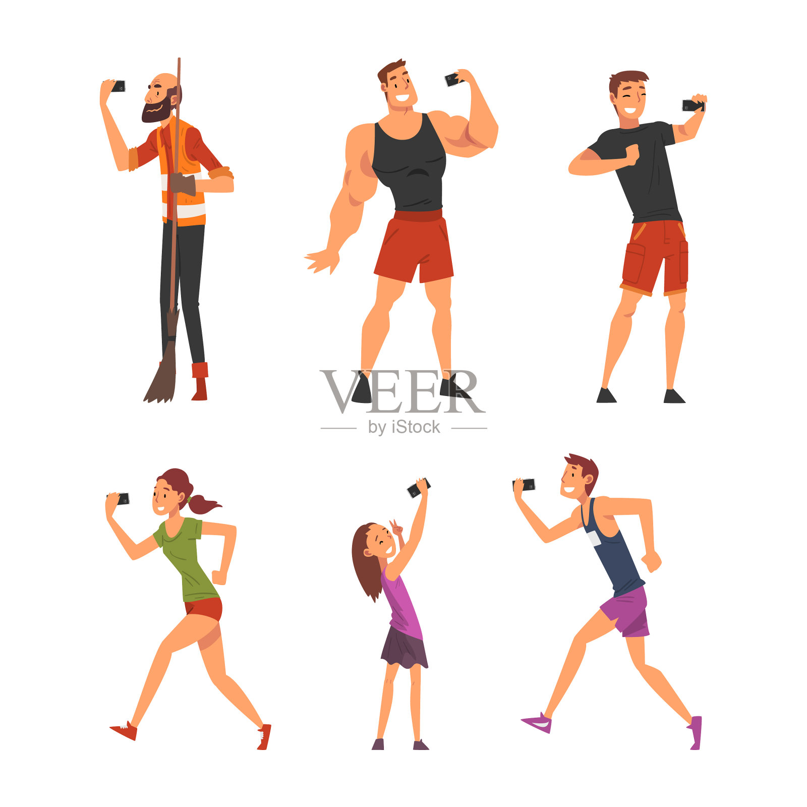 年轻的男人和女人拿着智能手机插画图片素材