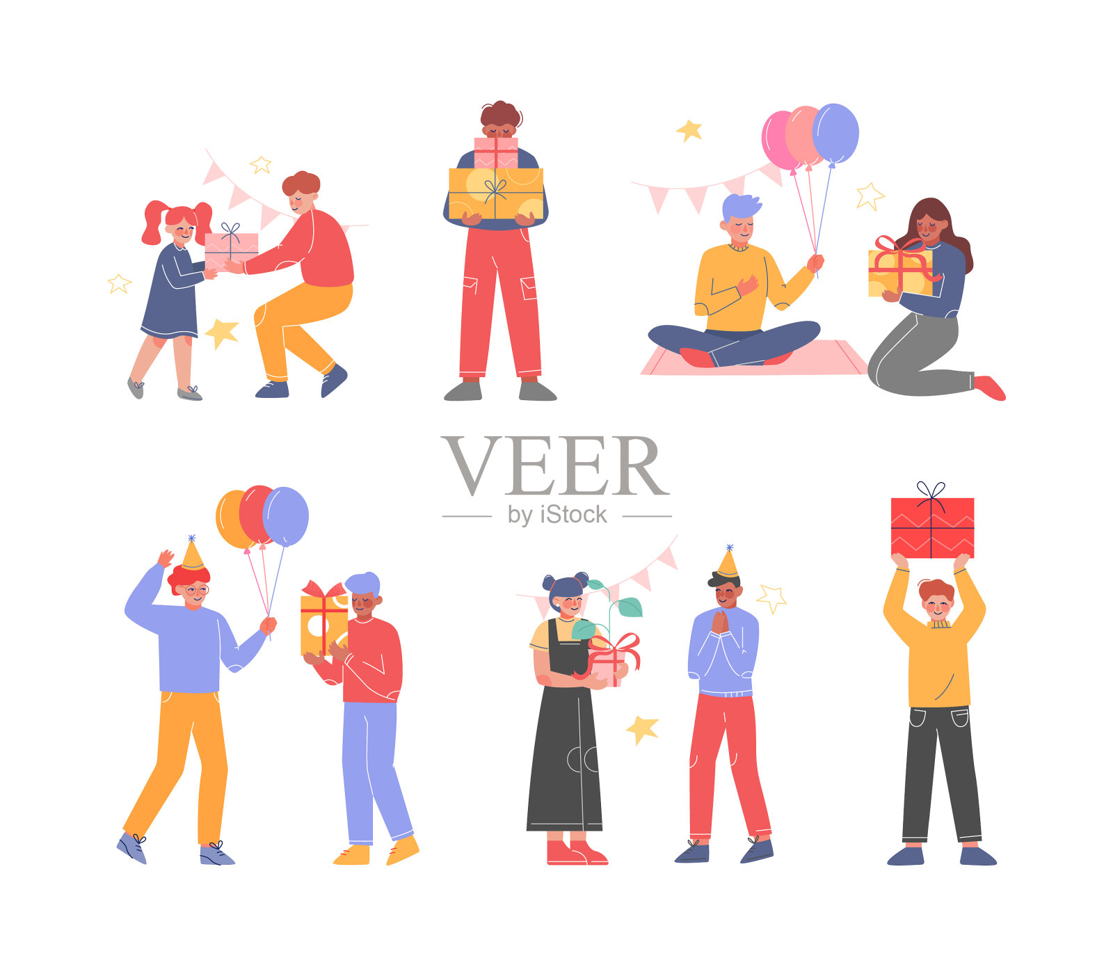 快乐的少年男孩和女孩庆祝生日插画图片素材