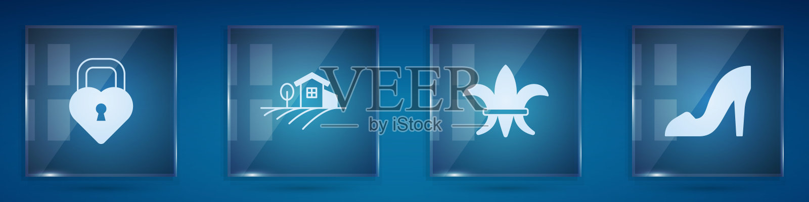 设置城堡在心形，村庄景观，芙蓉德丽丝和女人鞋。方形玻璃面板。向量插画图片素材