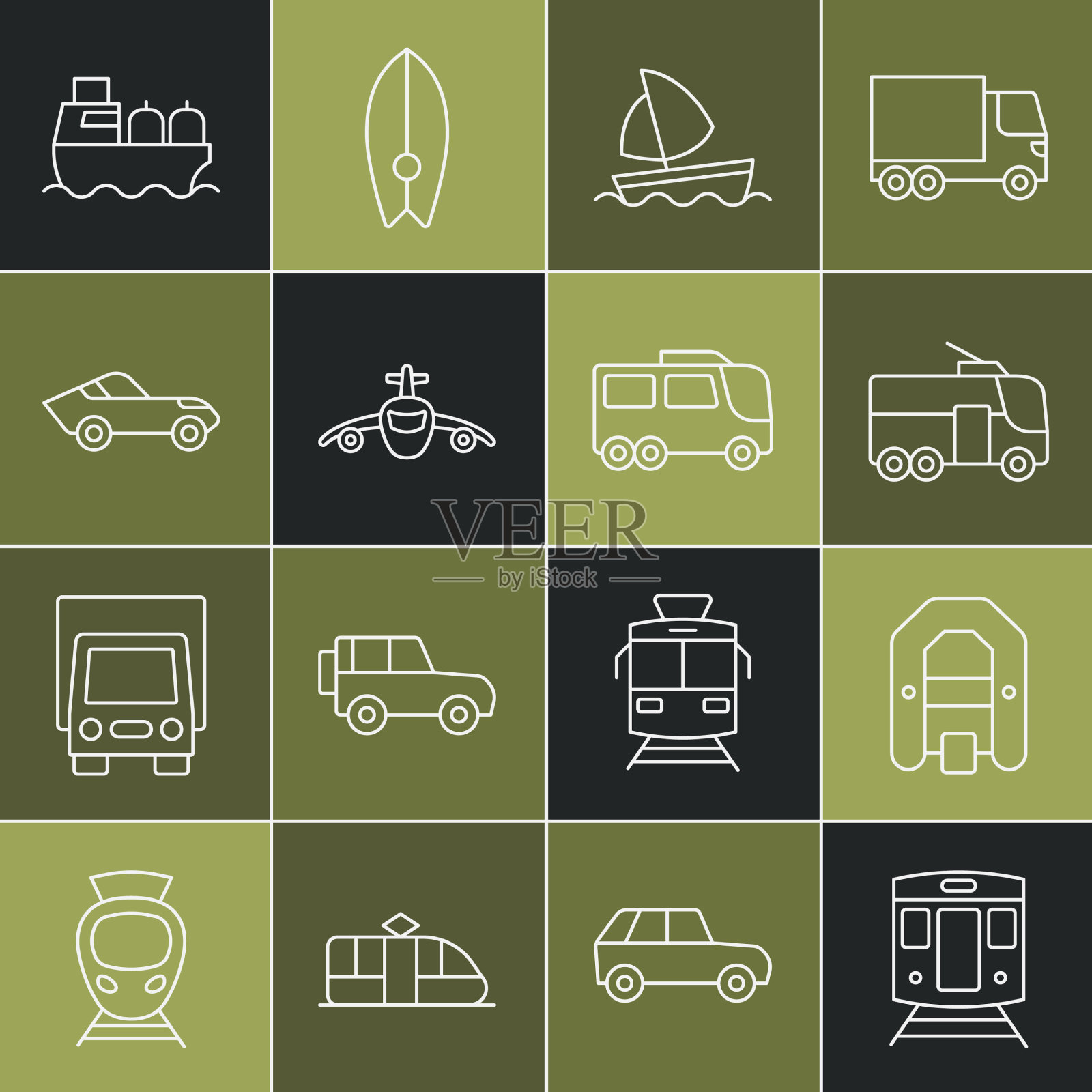 设置专线火车和铁路漂流船图标素材