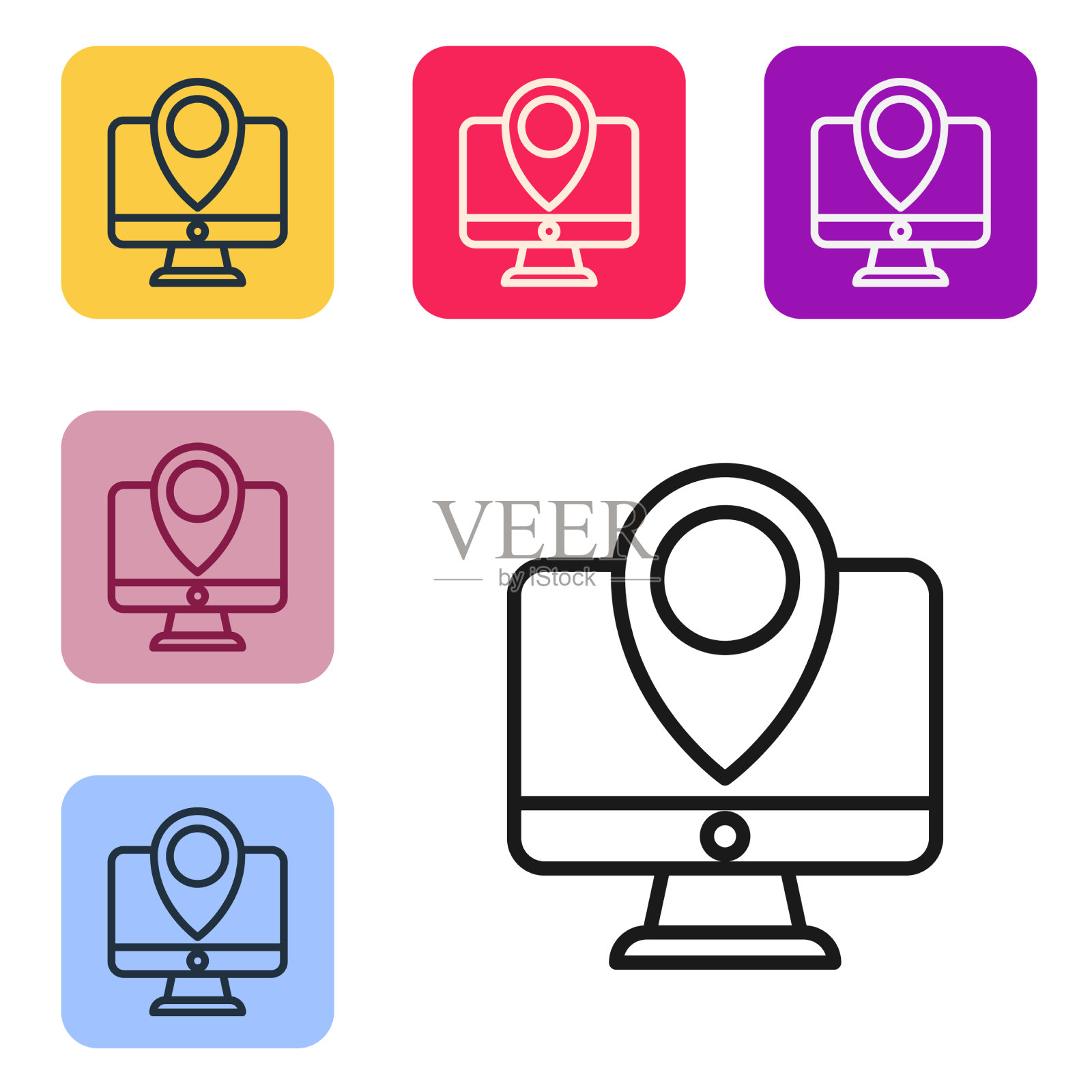 黑线电脑显示器和折叠地图与图标素材