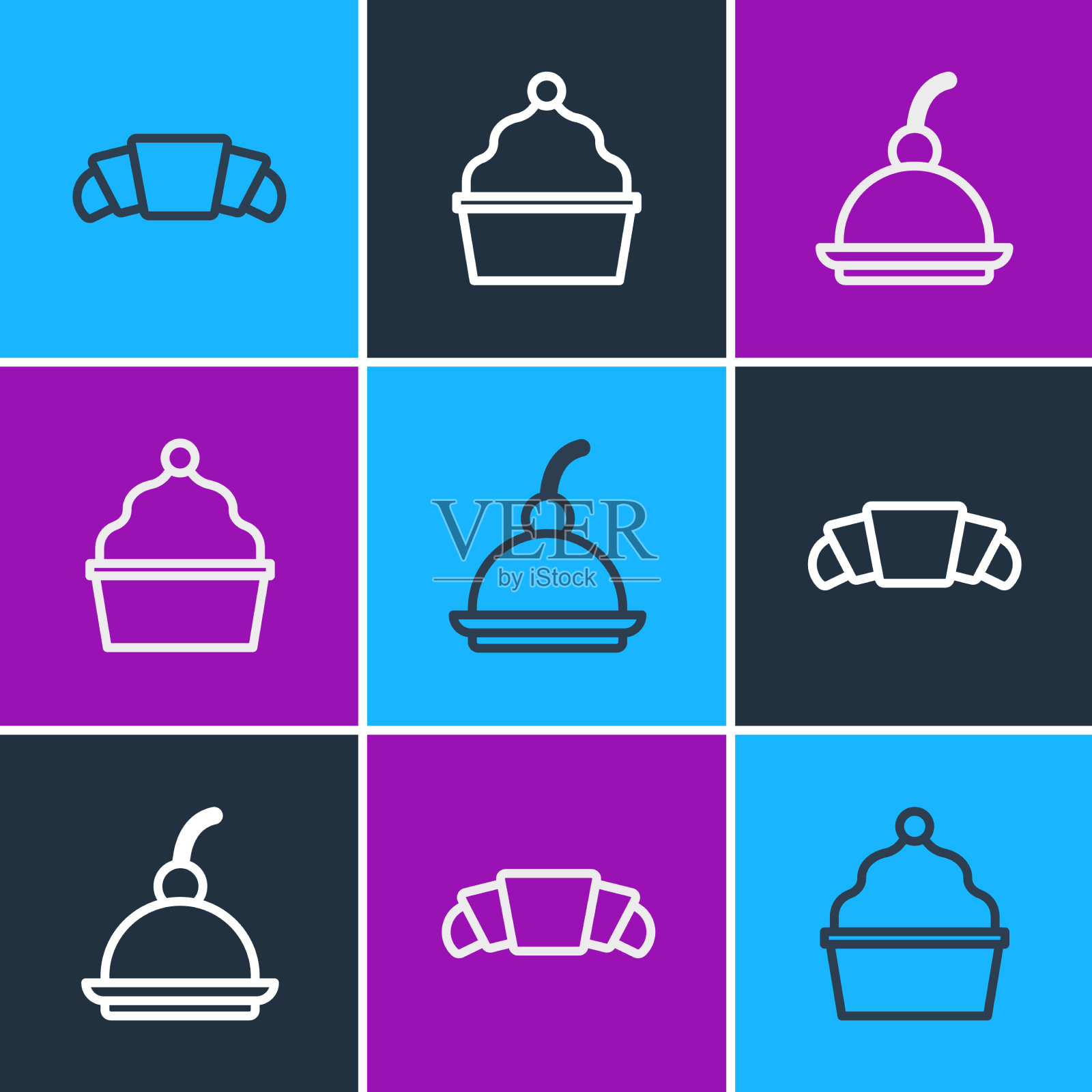 套装牛角包樱桃芝士蛋糕和蛋糕图标素材