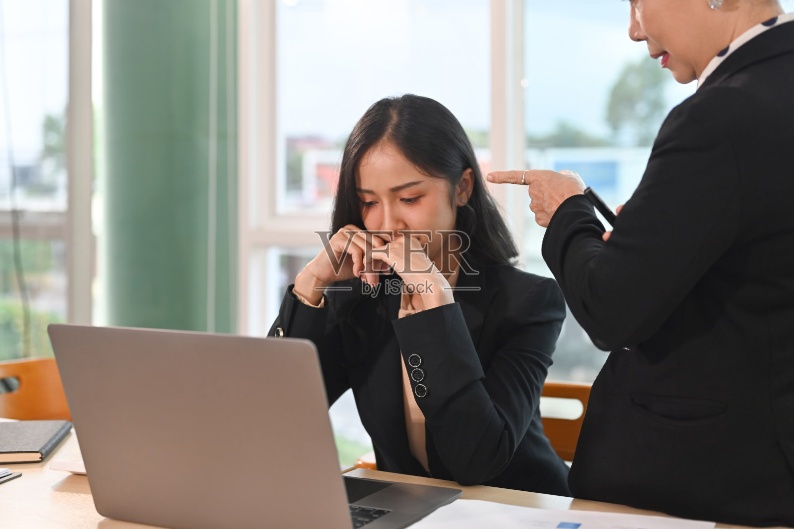 资深女商人，执行经理，指责员工的错误或失败，争论工作问题。照片摄影图片
