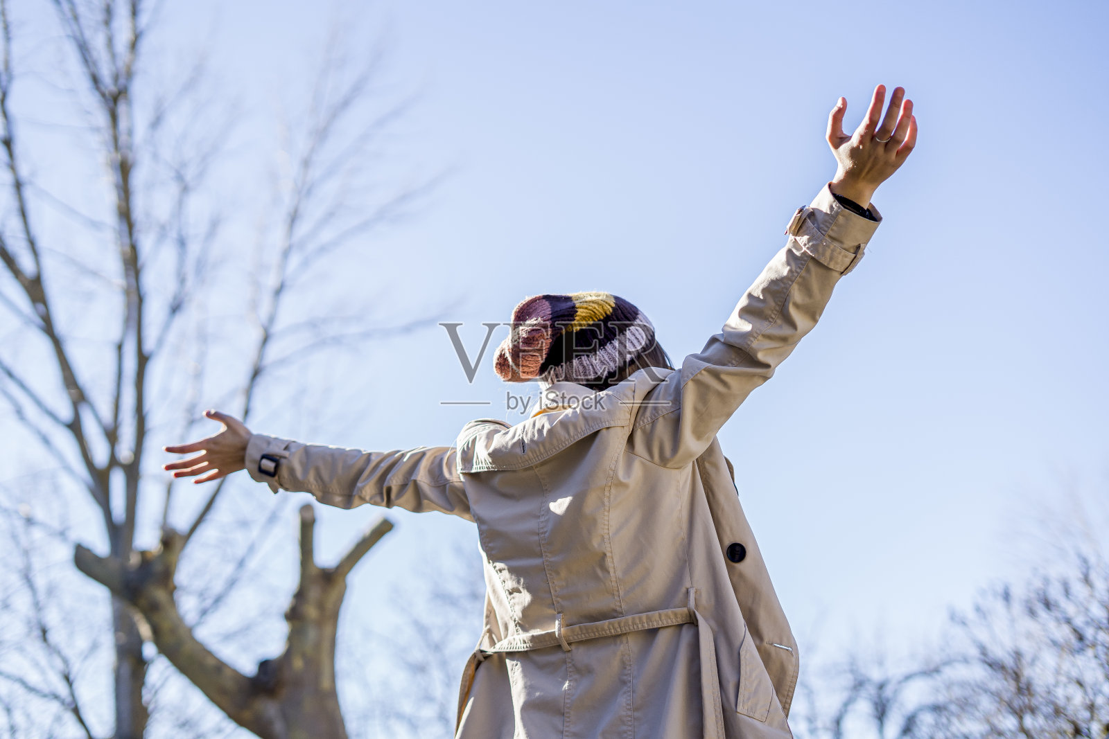 一个快乐的年轻女性与她的手臂在空中的背影照片摄影图片