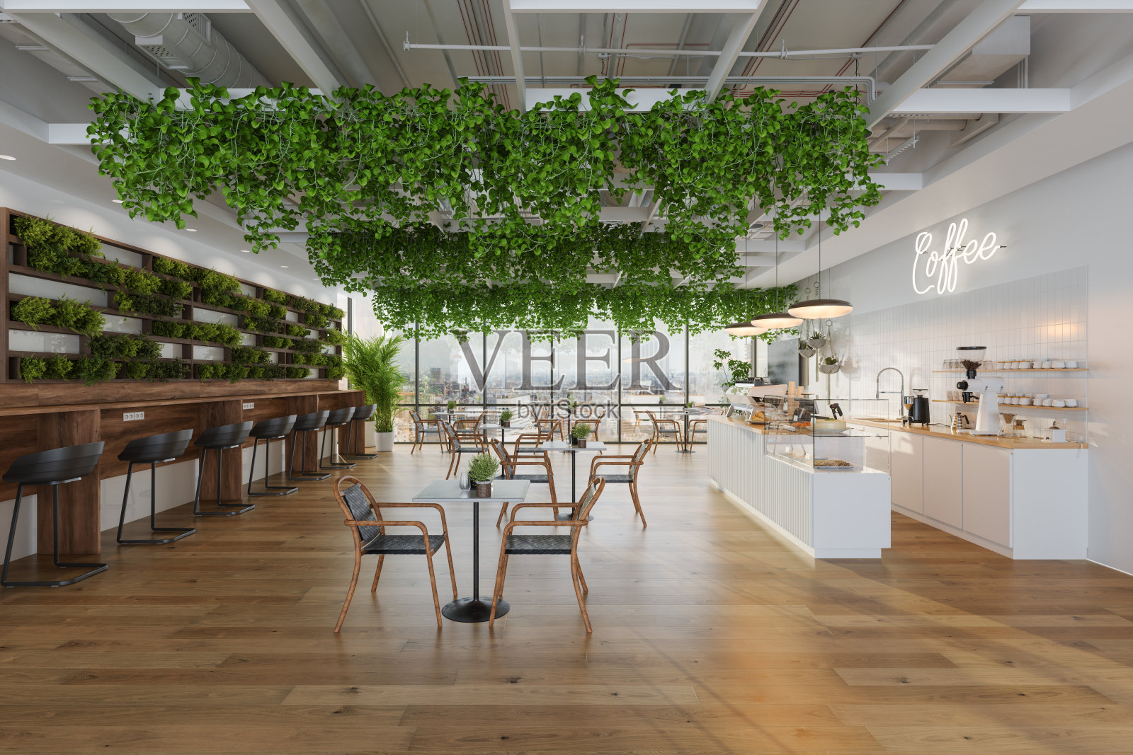 环境友好的咖啡馆内部的桌子，咖啡机，糕点和藤蔓植物照片摄影图片