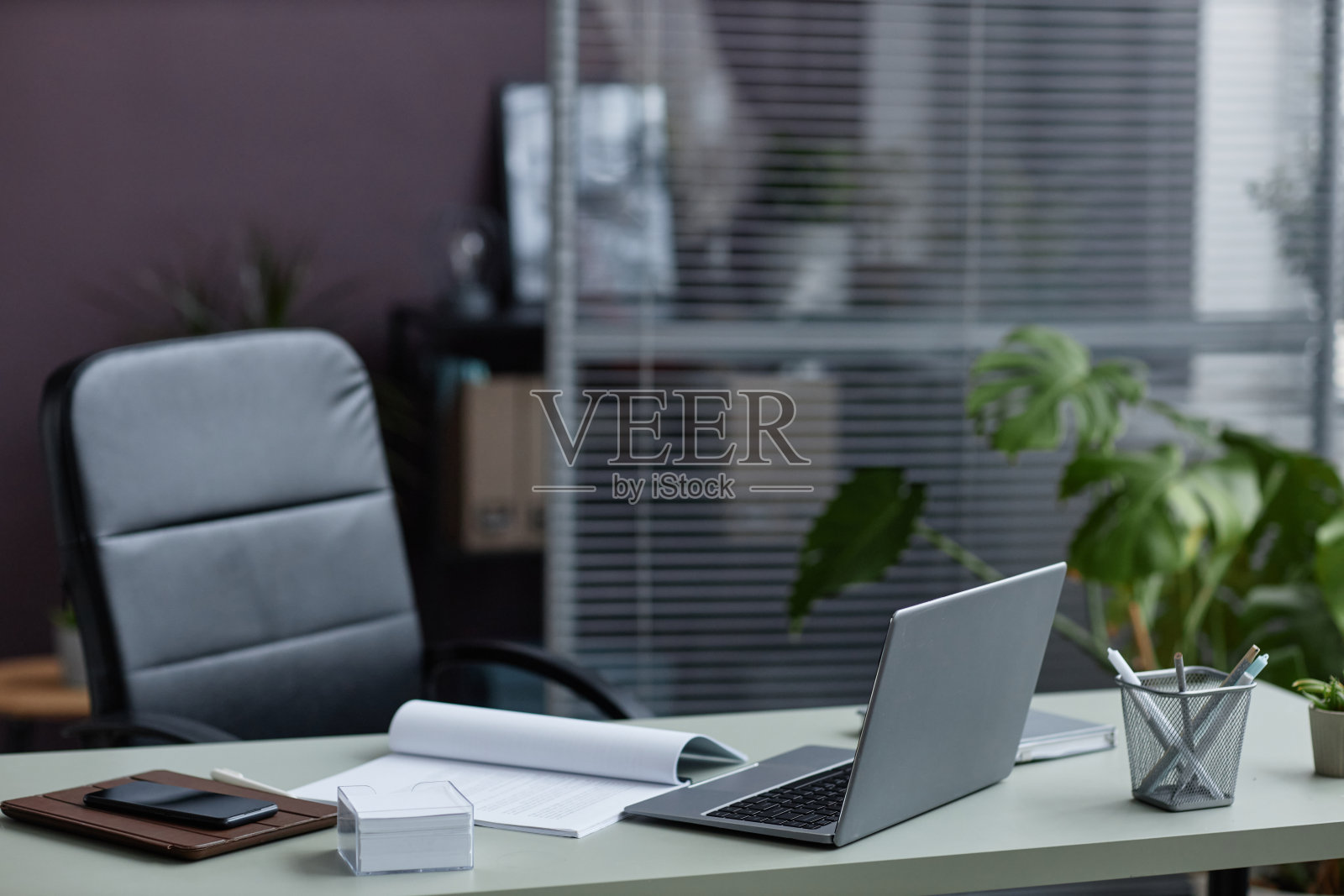 背景图像的现代工作场所办公桌在办公室装饰植物照片摄影图片