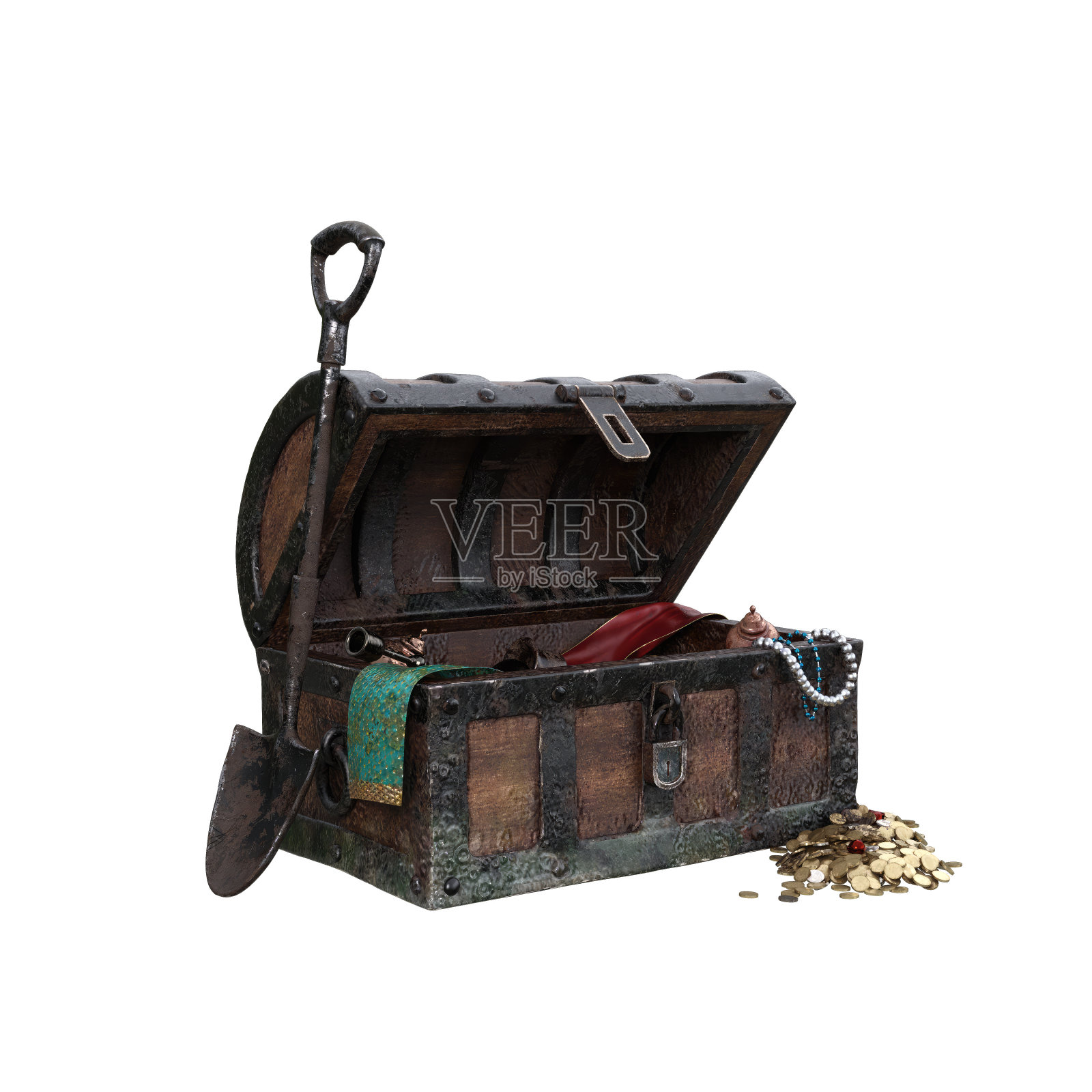 海盗的宝箱，盖子打开，硬币躺在地上。3D插图隔离。照片摄影图片