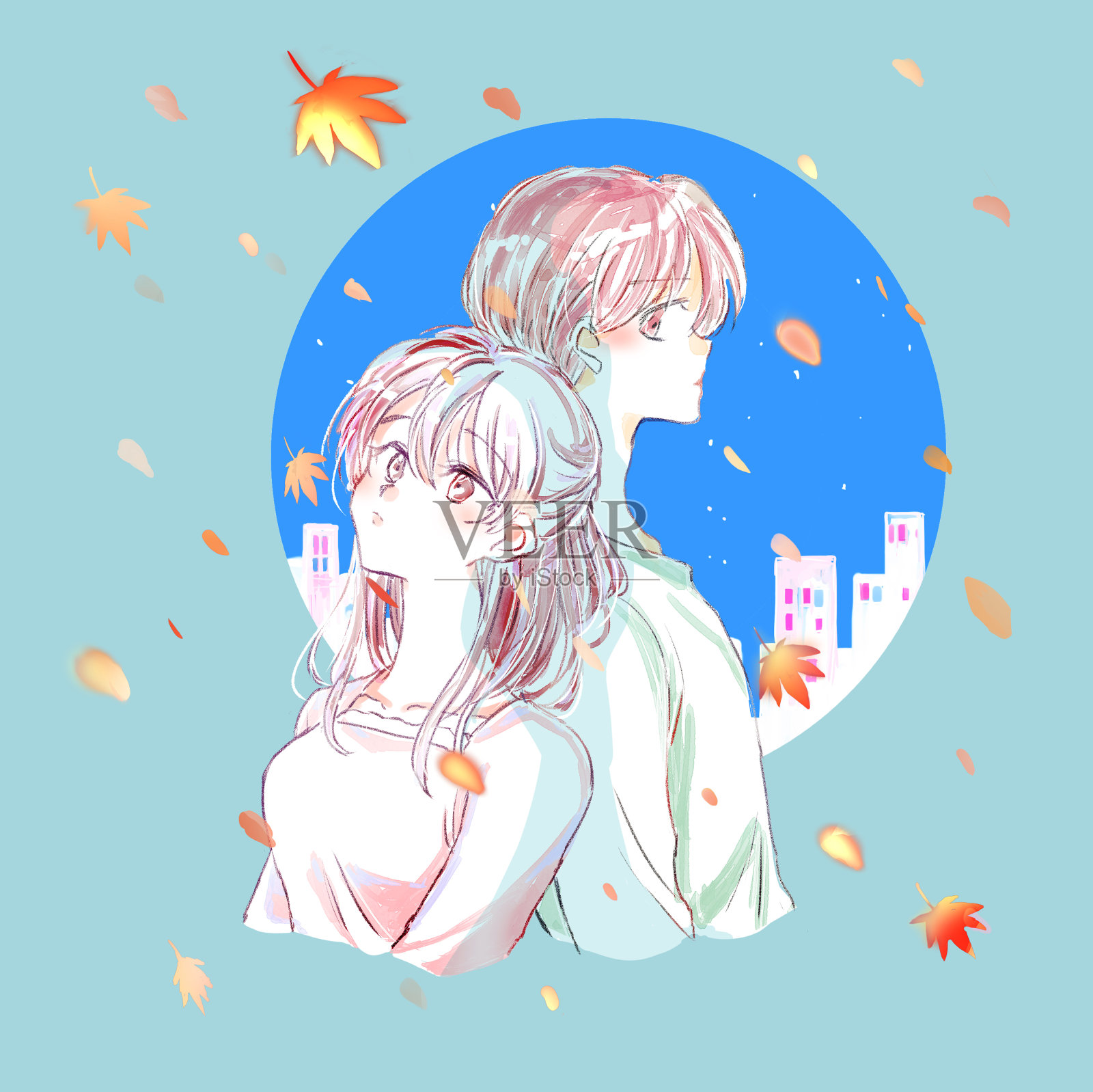 孤独的男女背靠背插画图片素材