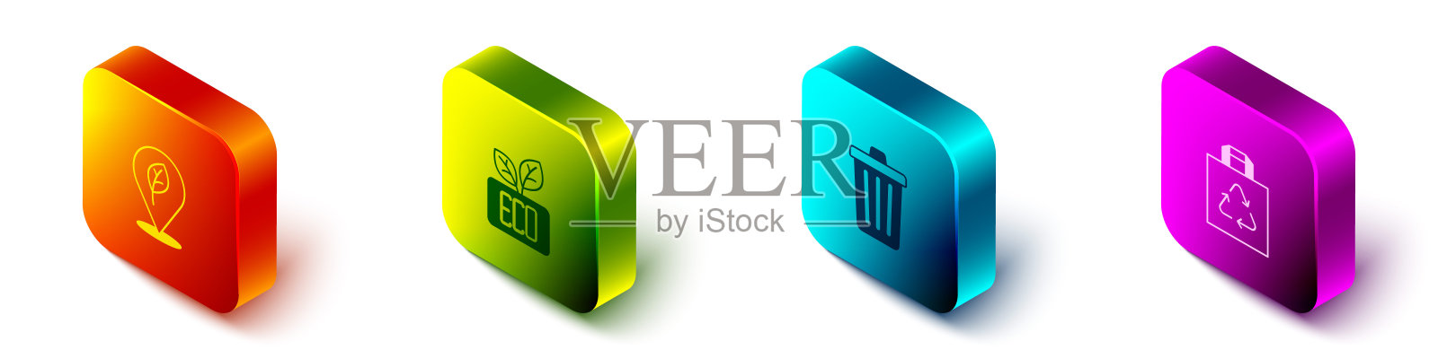 设置等距位置与叶子，叶子生态符号，垃圾桶和购物袋回收图标。向量图标素材