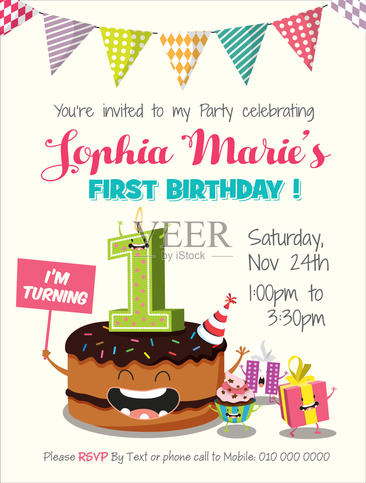 生日纪念日数字蜡烛与有趣的人物和生日派对邀请卡模板插画图片素材